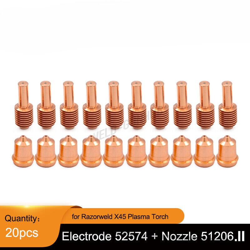 20pcs 51206 Plasma nozzle Tips + 52574 Electrode for Razorweld X45 torch