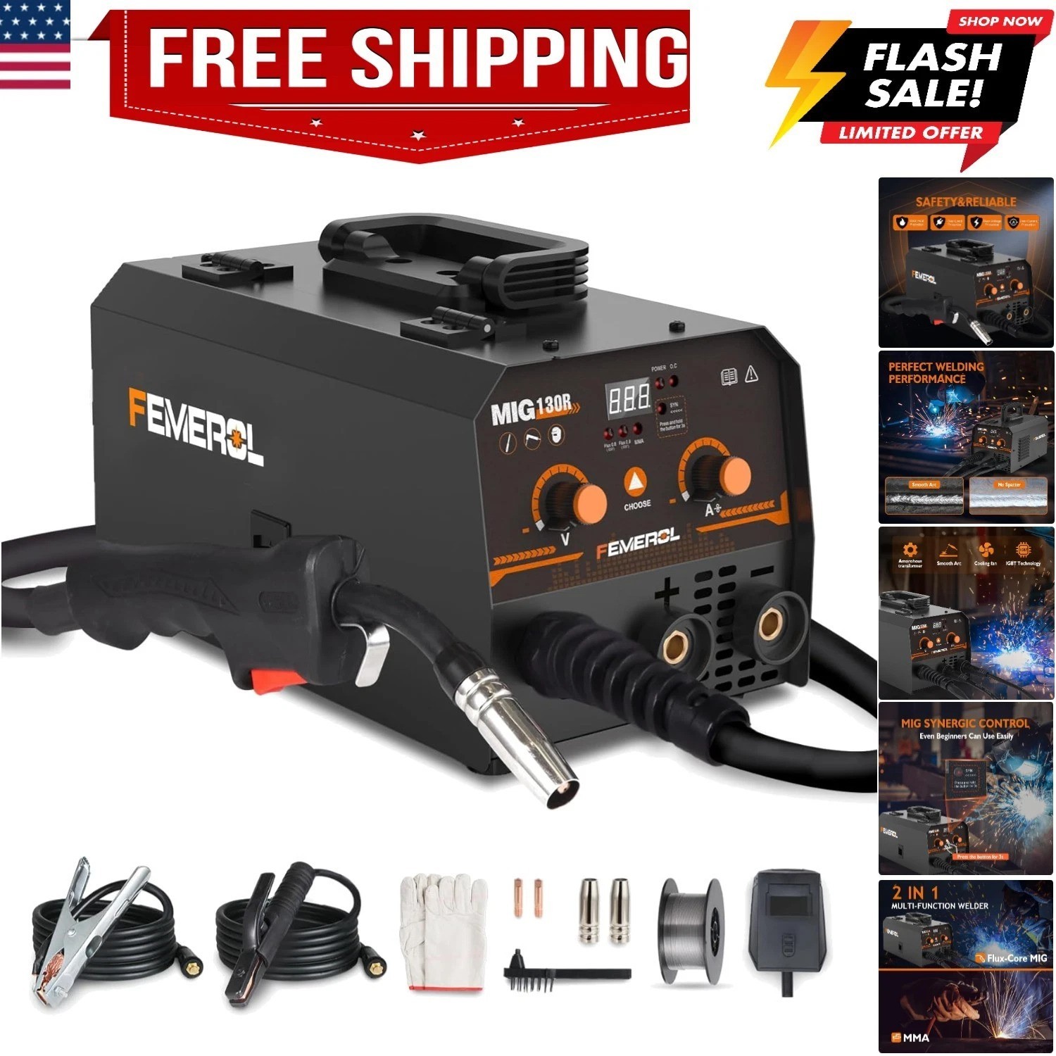 FEMEROL MIG Welder,2 in 1 Flux core/Stick Welder,130Amp 110V Gasless MIG Welding