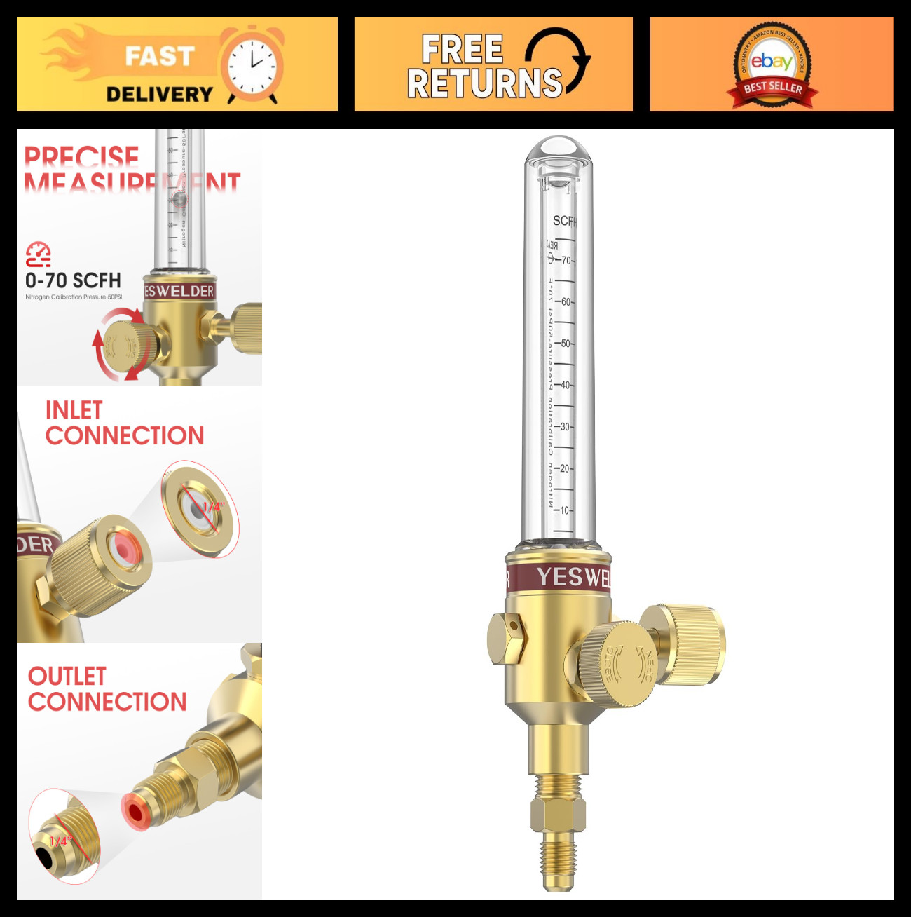 Nitrogen Flow Meter 1/4″ SAE Flare Inlet 0-70 SCFH 50 PSI Indicator for Brazing