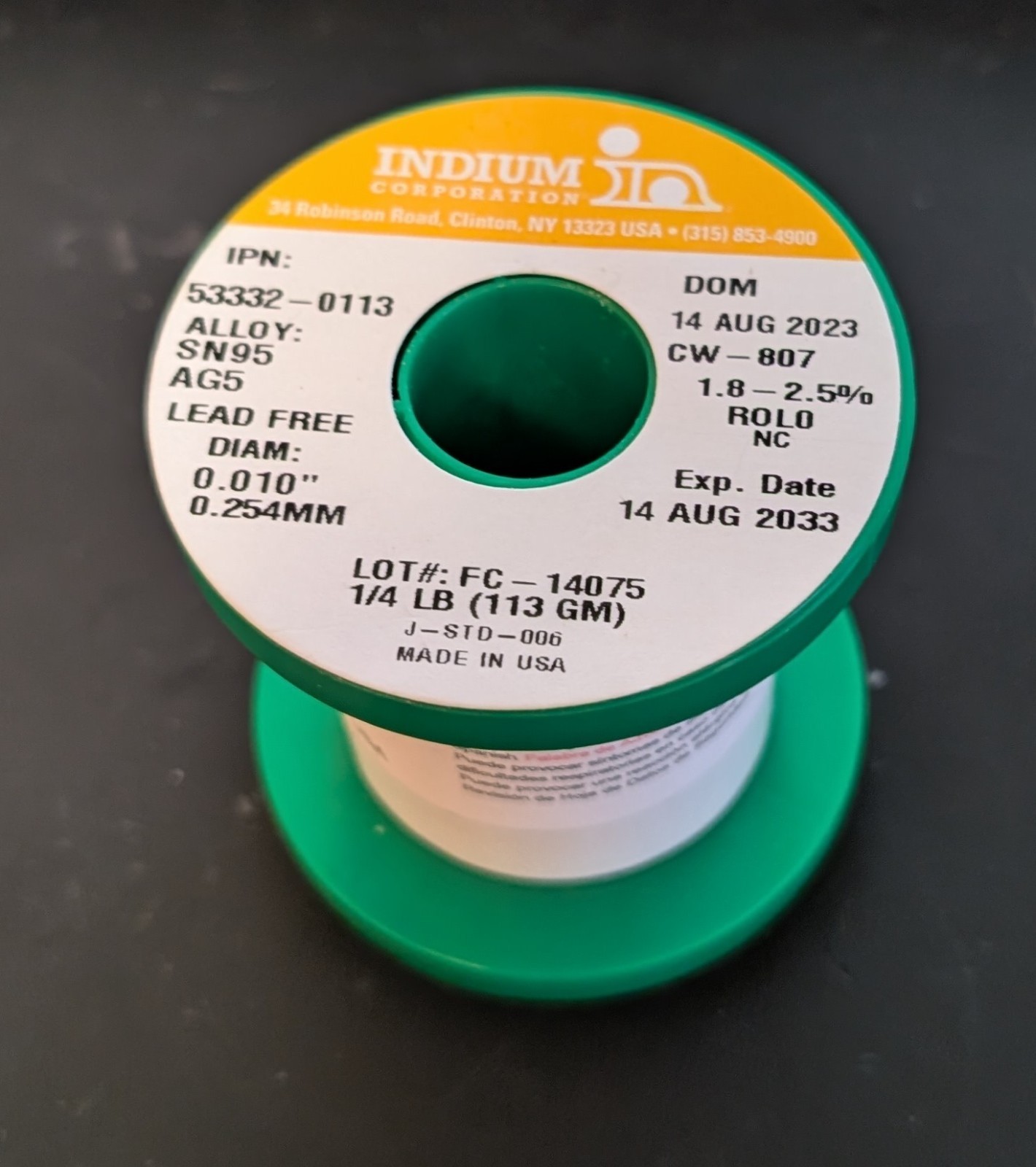 SN95 0.01″ 53332-0113 – CW-807 Halogen-Free 1/4lb No-Clean Flux Wire Solder