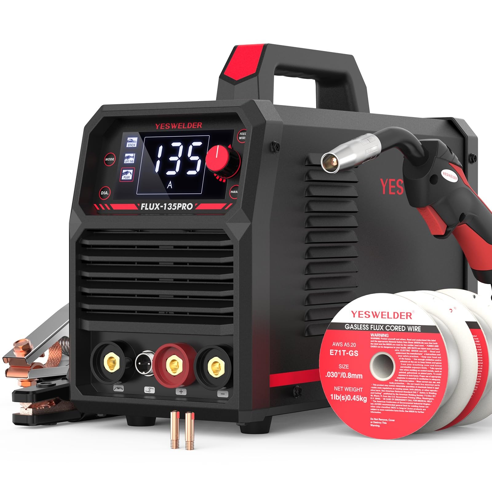 YESWELDER 135A MIG Welder, 110V Flux Core MIG/Lift TIG/Stick 3in1 Large LED D…