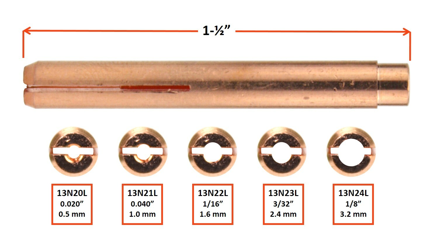Long Collet for TIG Welding Torches 9/20/25 with Large Diameter Gas Lens Set-Up
