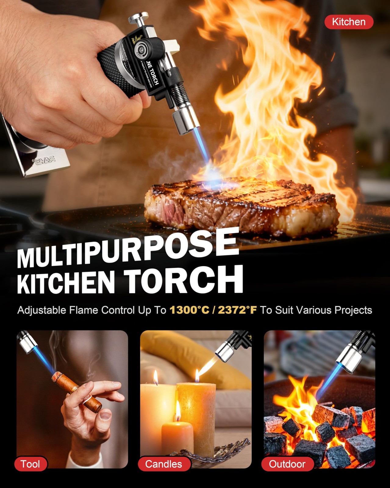 RAVS Butane Torch Lighter, DUAL Flame Mode Kitchen Torch, Micro torch, Black