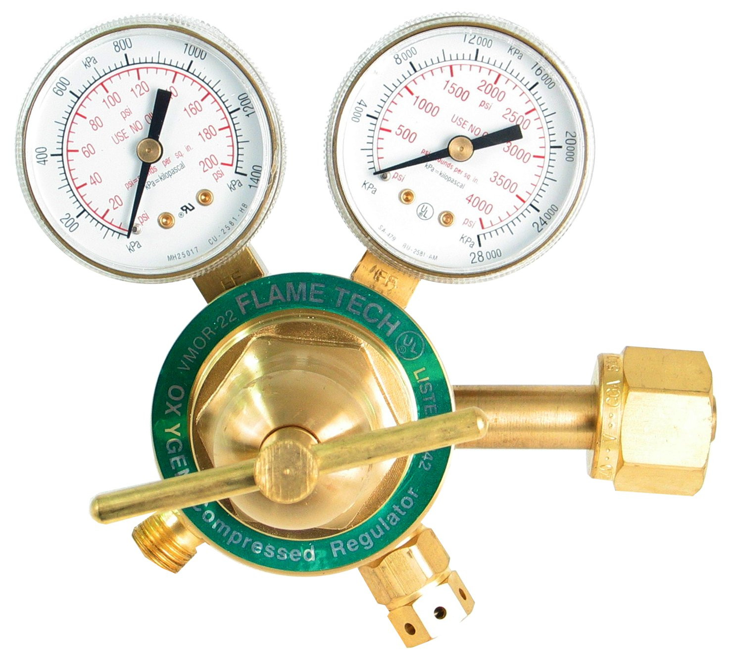 Medium Duty Oxygen Regulator, Easy to Read Dual Scale, Forged Brass Body and Bon
