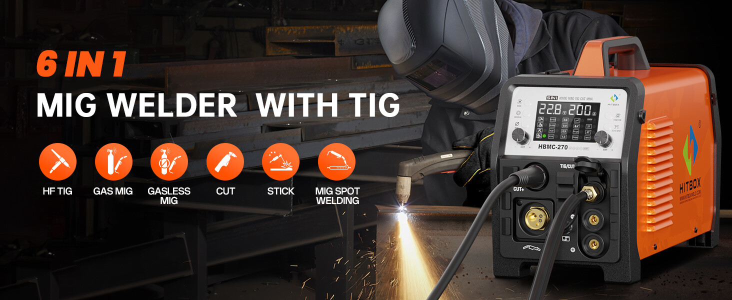 6In1 Welder Plasma Cutter Gas/Gasless MIG/Stick/HF TIG/CUT/Spot 200A Alu Welder