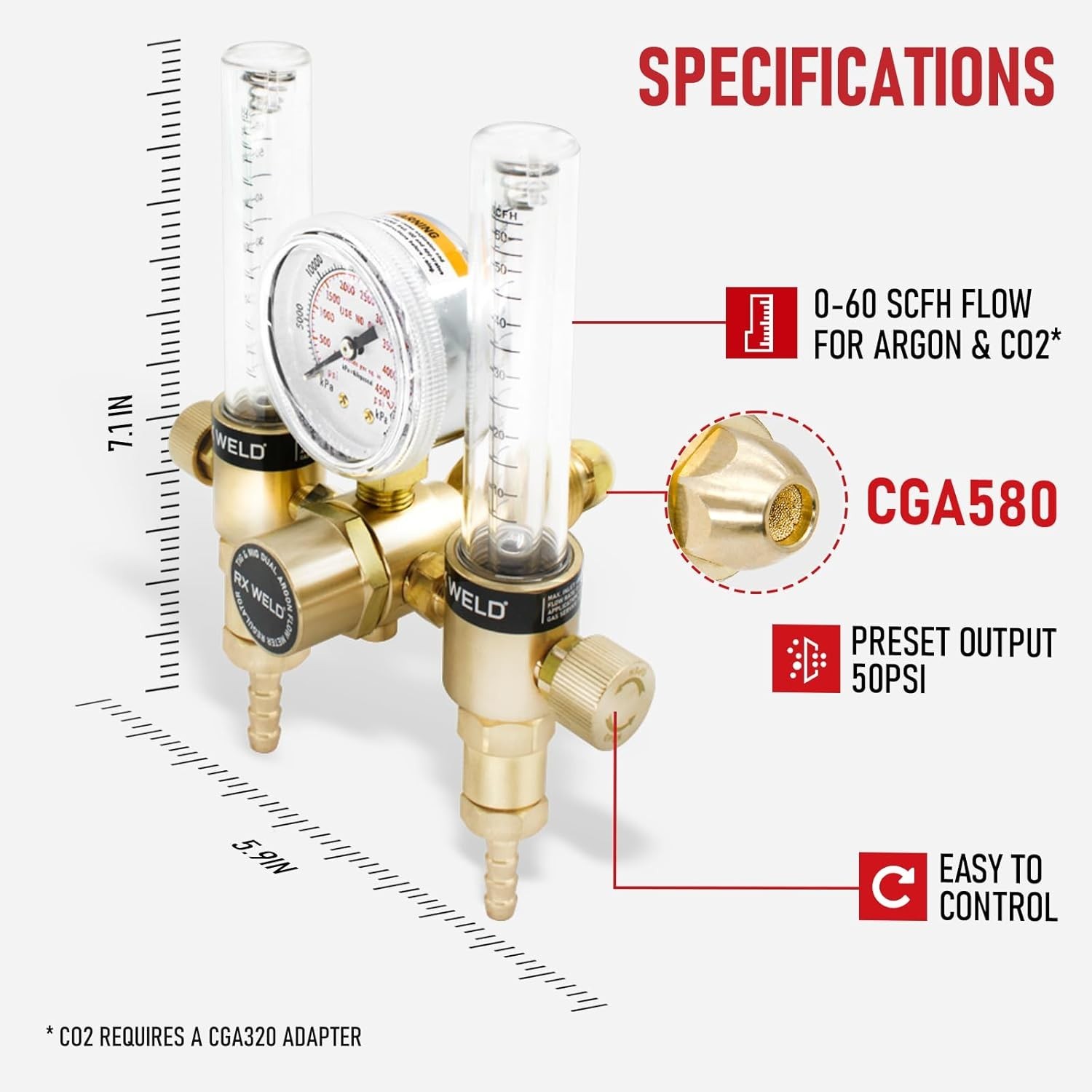 Dual Output Argon Regulator Flow Meter Mig Tig 0-60CFH CGA580 Inlet 5/”8 UNF-18R