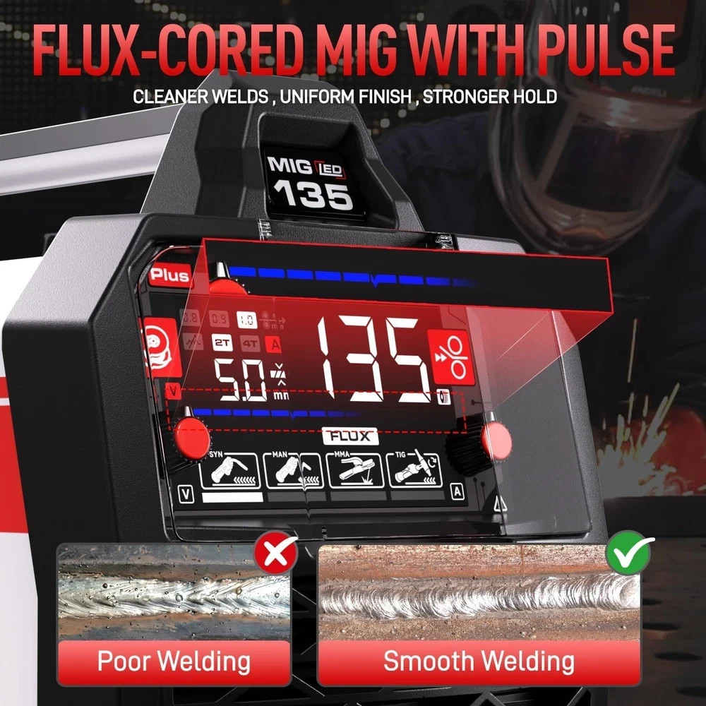 ANDELI 135A MIG Welder 110V/220V, PULSE Flux Core MIG/Lift Tig/Stick 3-in-1 Gasl