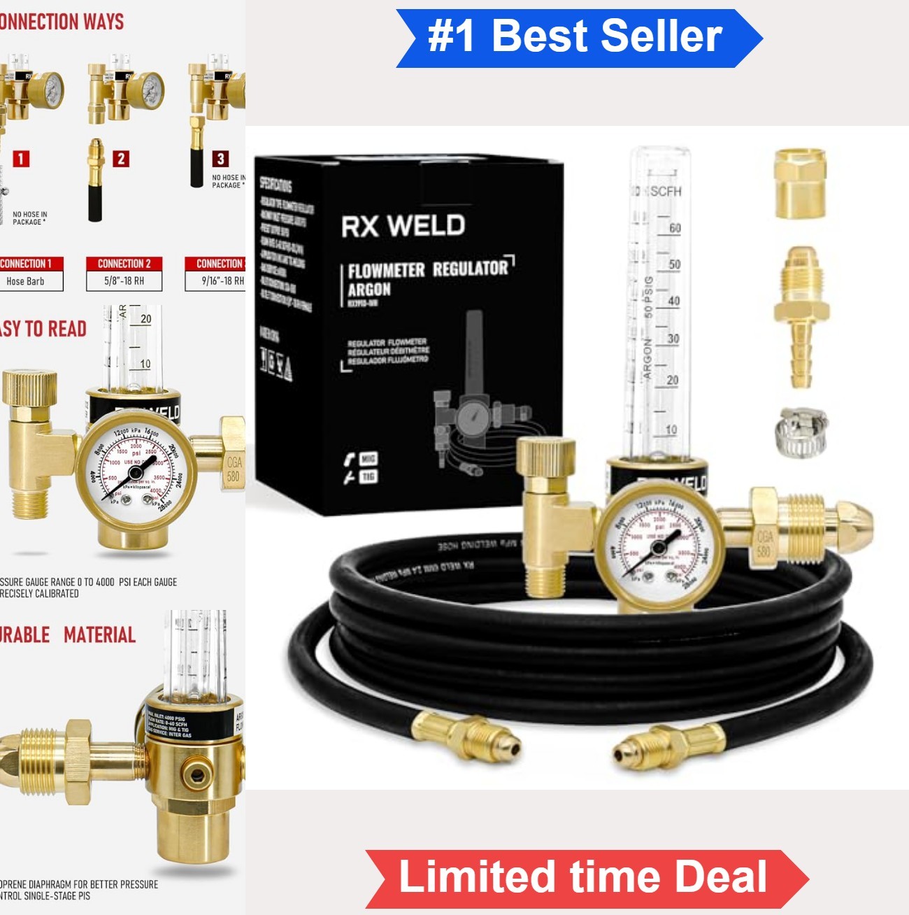 Argon Regulator CGA580 MIG TIG Welding Gas Flowmeter 6.6FT Hose 10-60 CFH