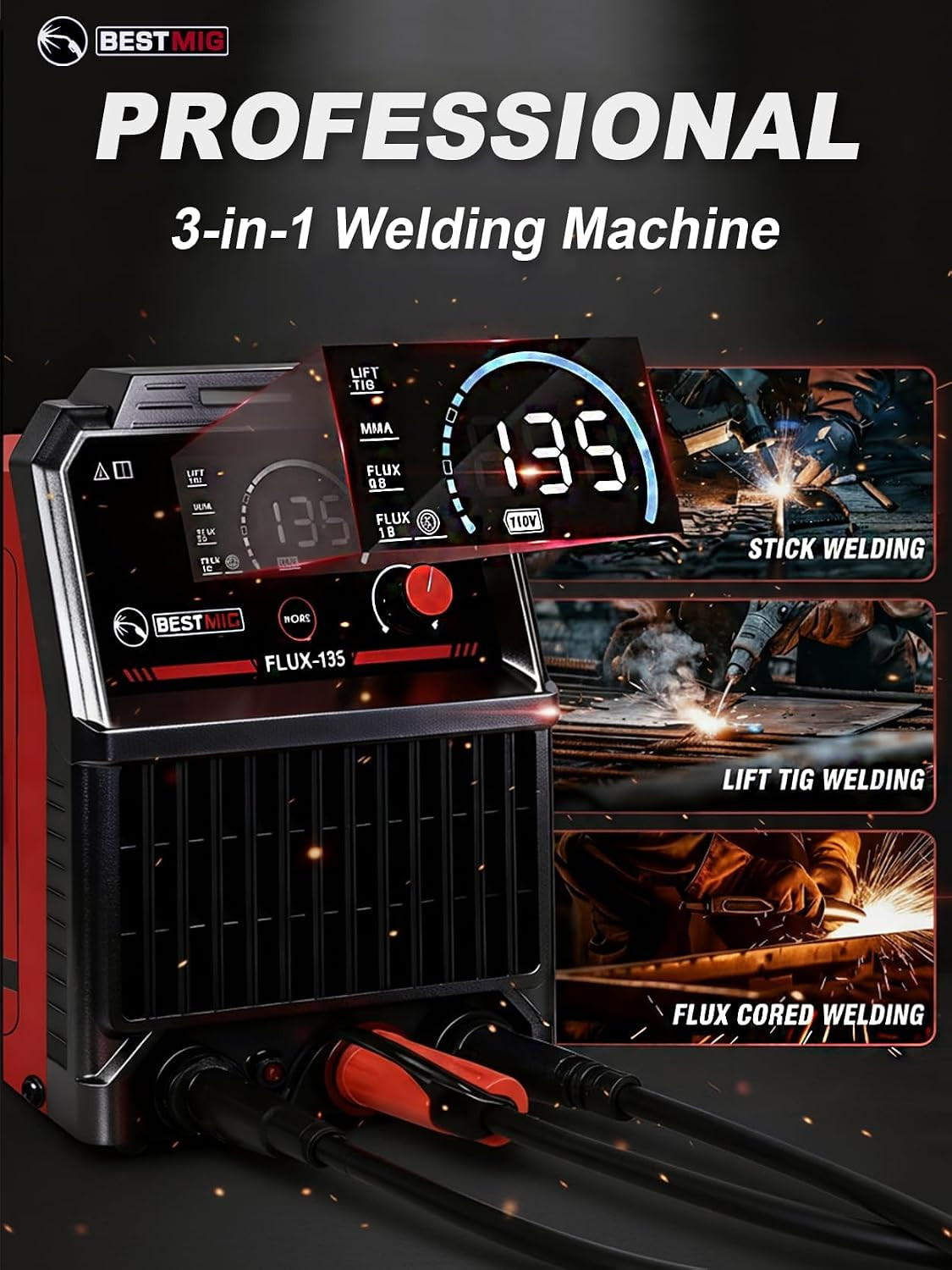 BESTMIG 135A MIG Welder – 3-In-1 Flux Core Welder, Mig/Lift Tig/Stick Welding Ma