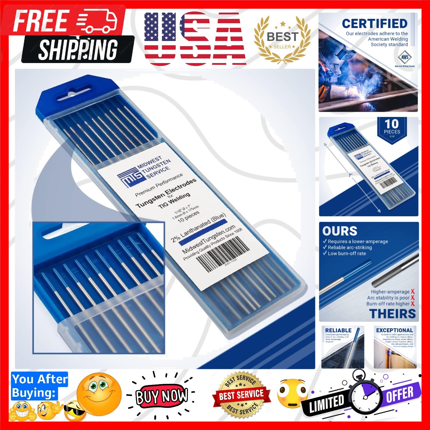 TIG Welding Tungsten Electrodes 10-Pack Blue – 2% Lanthanated Tungsten WL20/E…