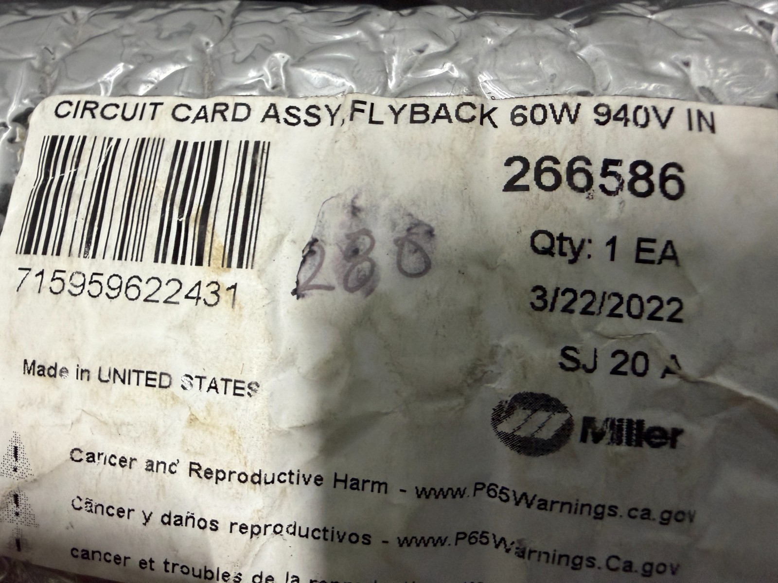 Miller 266586 Circuit Card Assembly Flyback 60W 940V In