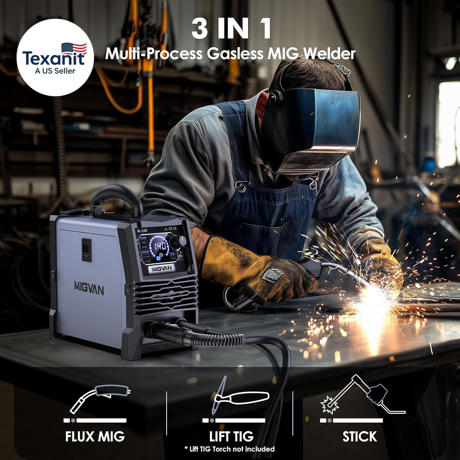 140A MIG Welder, 110V Flux Core Mig/Stick/Lift TIG 3 in 1 Welding Machine with