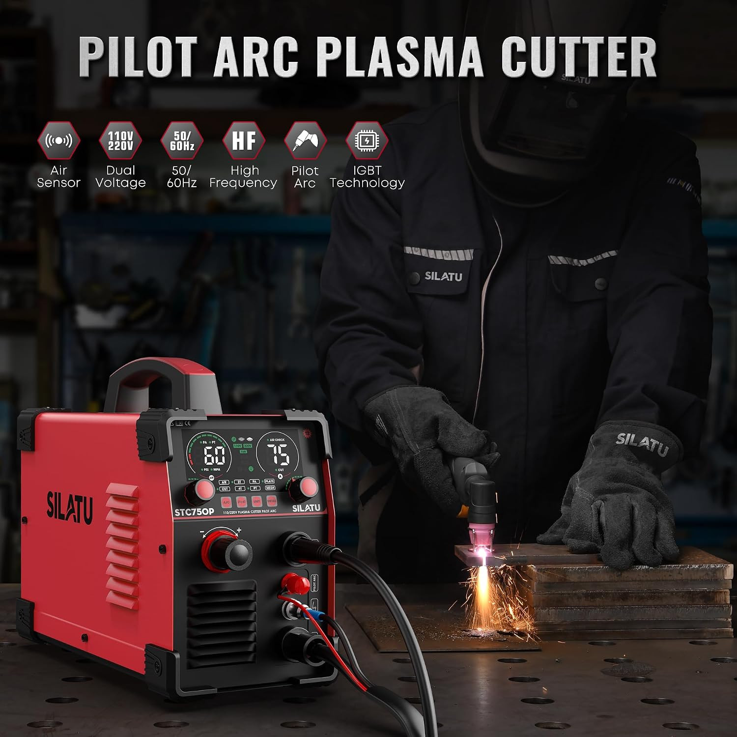 110V/220V Plasma Cutter, 75Amps HF Non-Touch Pilot Arc Plasma Cutter Machine, D