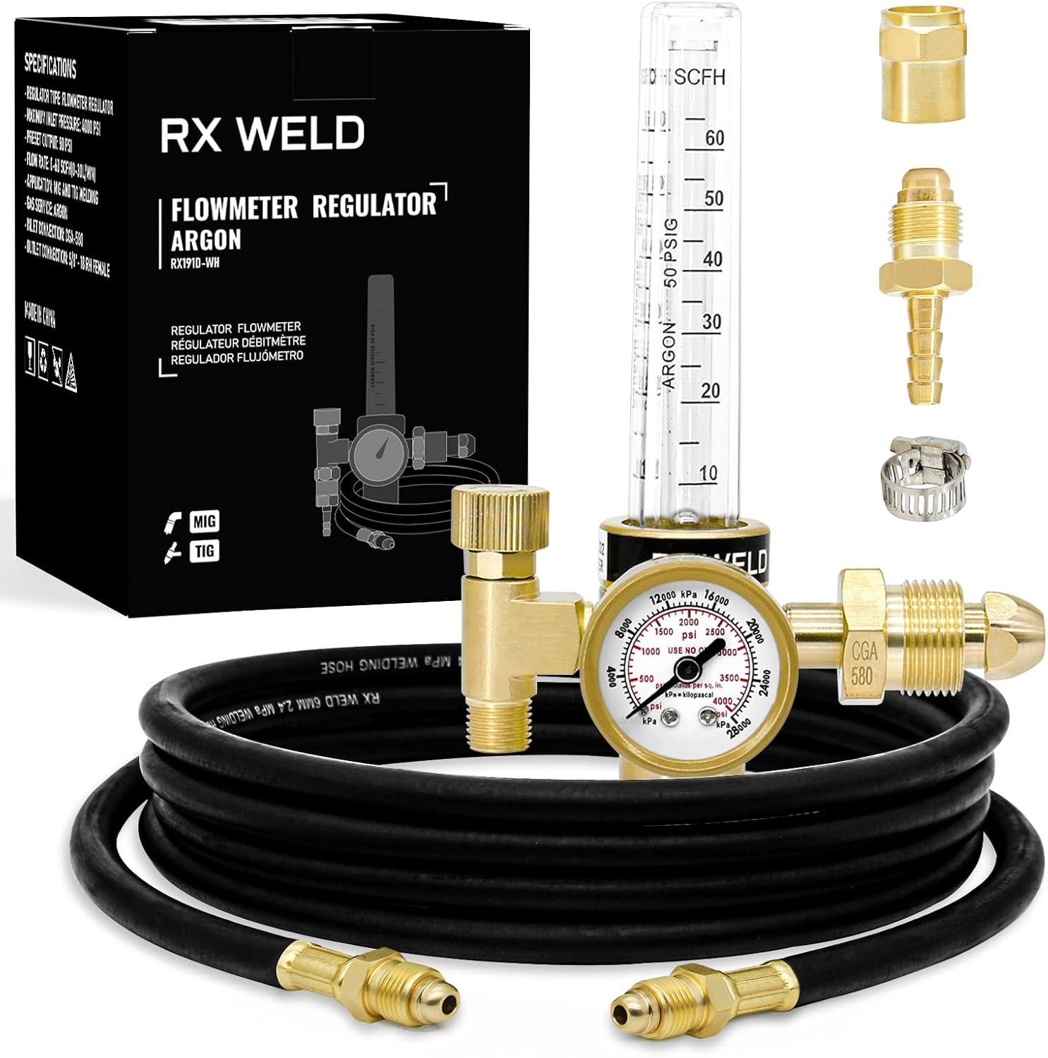 Argon Regulator for MIG TIG Weld, CGA580, 6.6FT Hose | Dual 9/16″ & 5/8″ Outlets