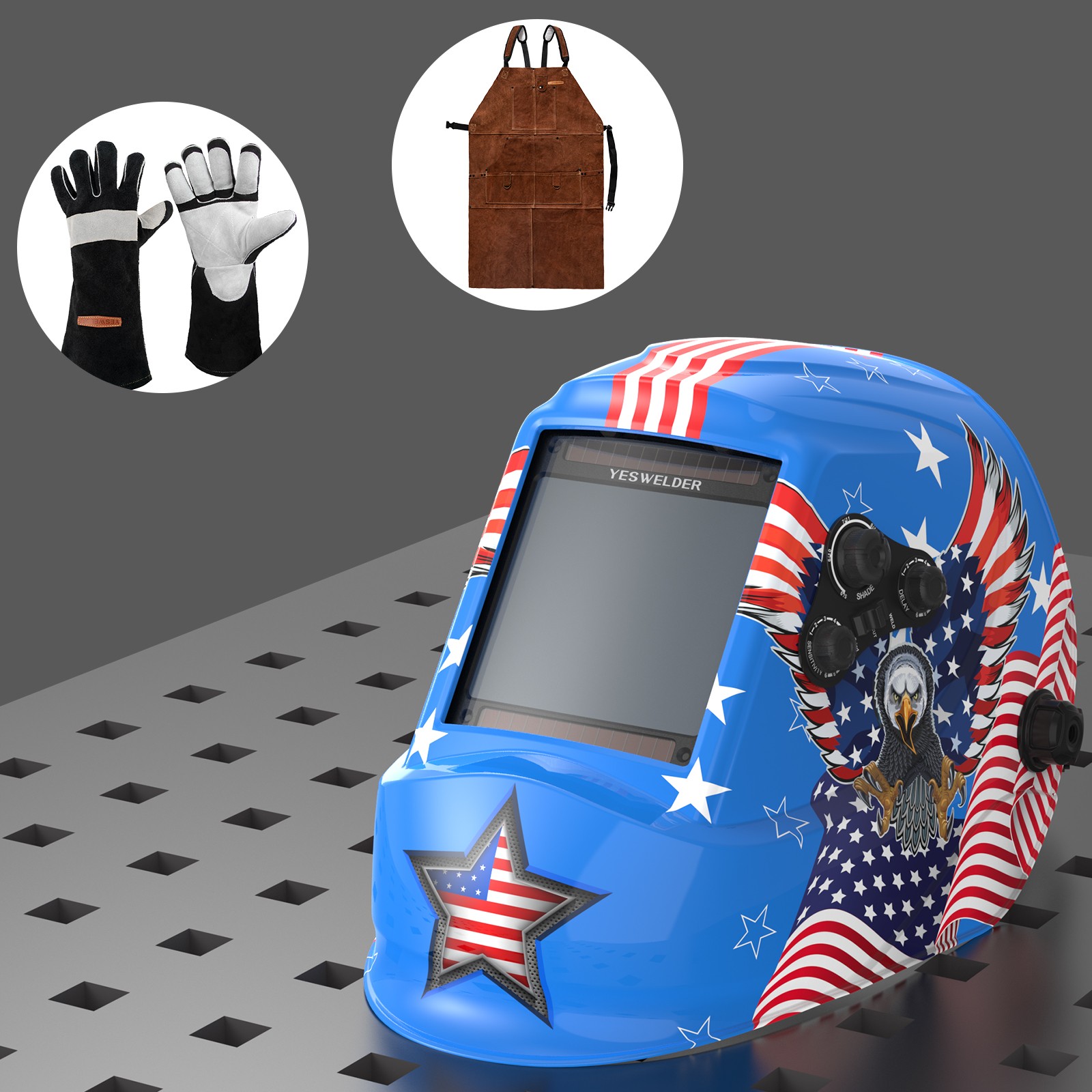 Auto Darkening Welding Helmet 1/1/1/1 4Sensor TIG MIG ARC +Gloves +Apron