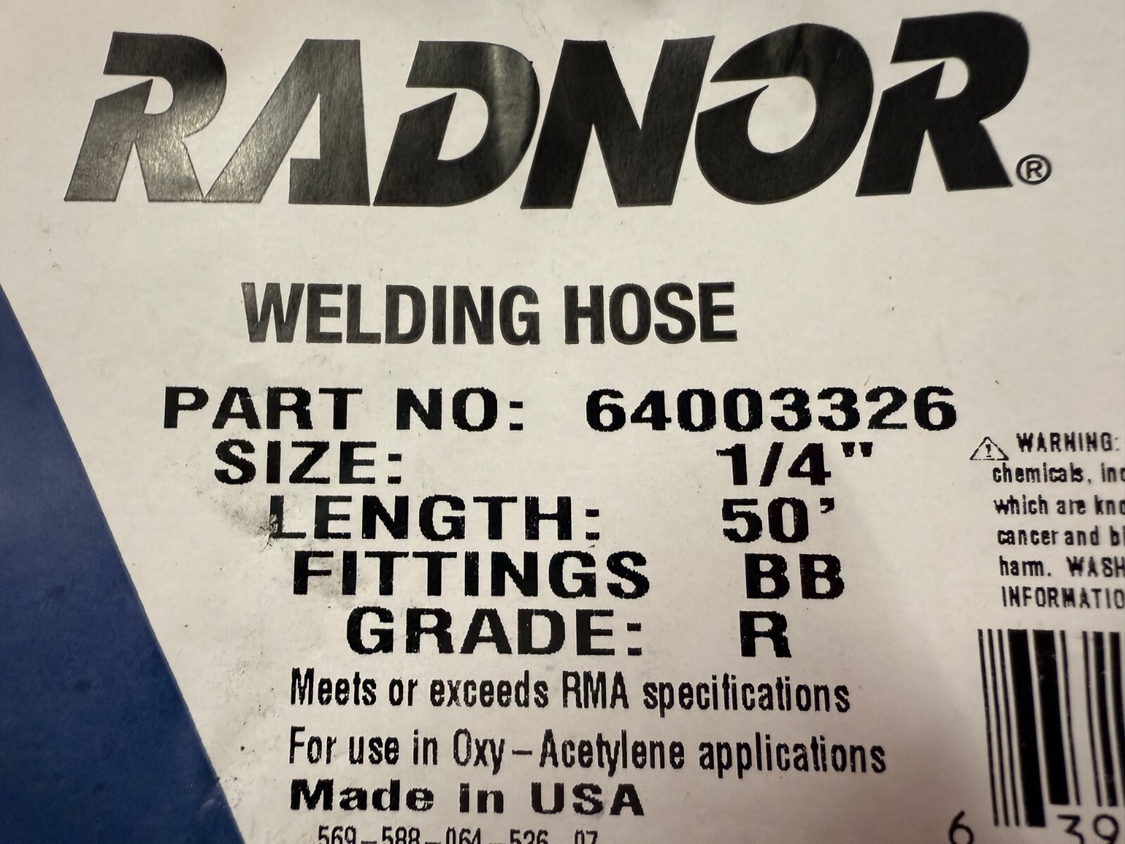 Radnor 1/4″ x 50′ EPDM Rubber Twin Welding Hoses W/BB Hose Fittings 64003326
