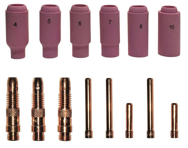 Welding Consumables: Collet 10N23/4/5+ Body 10N28/31/32+ Nozzle 10N45/6/7/8/9+