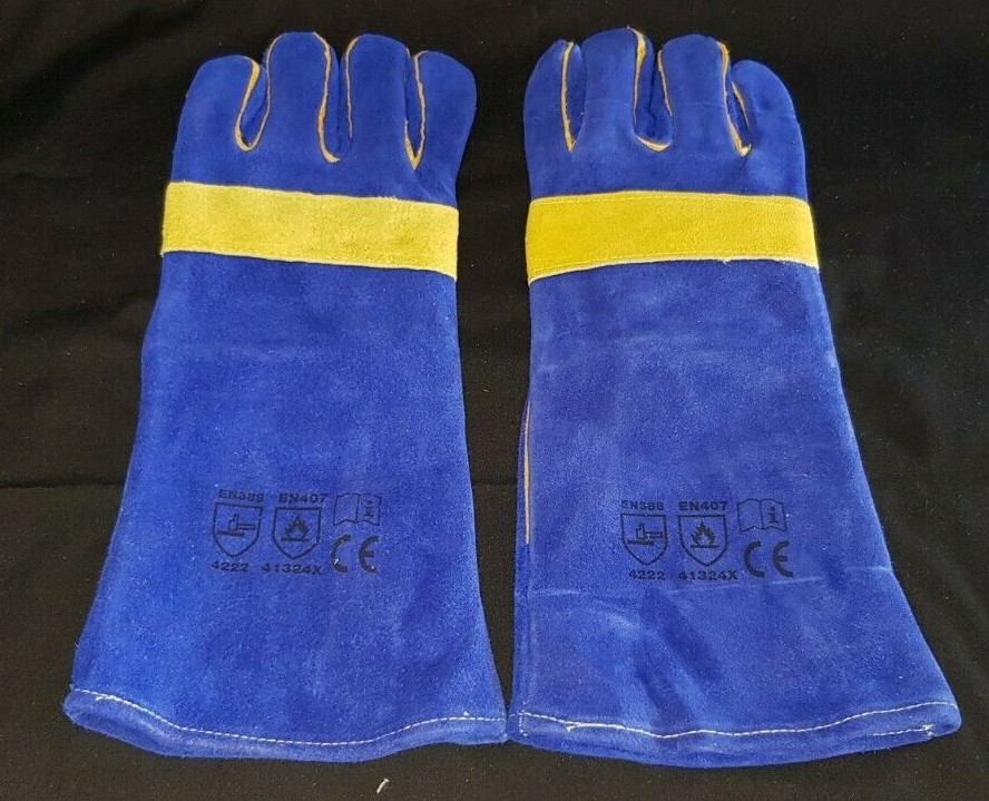 16″ COWSPLIT LEATHER, REINFORCED YELLOW THUMB PALMLINED WITH COTTON&FLEECE, BLUE