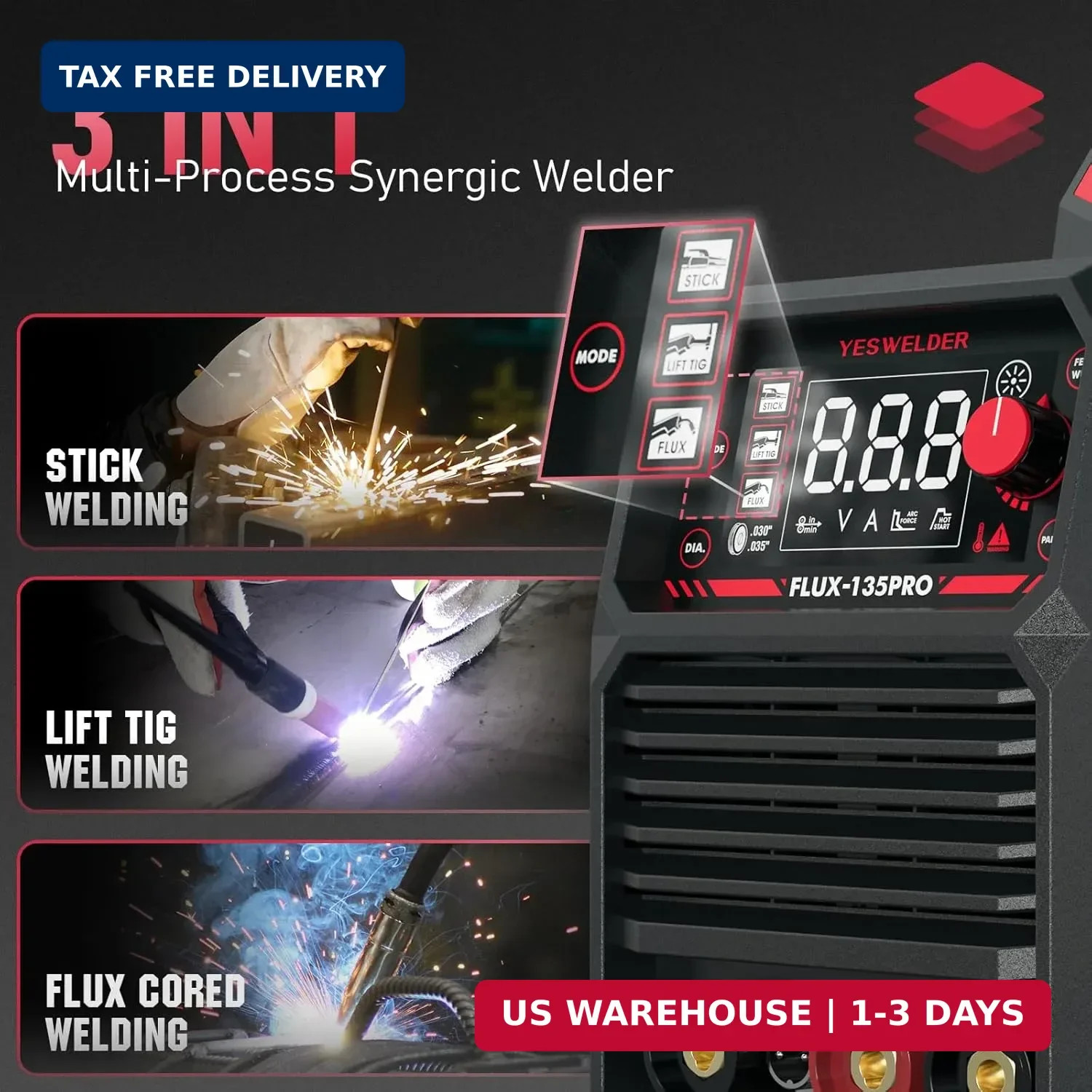 YESWELDER 135A MIG Welder, 110V Flux Core MIG/Lift TIG/Stick 3-in-1 Large LED Di