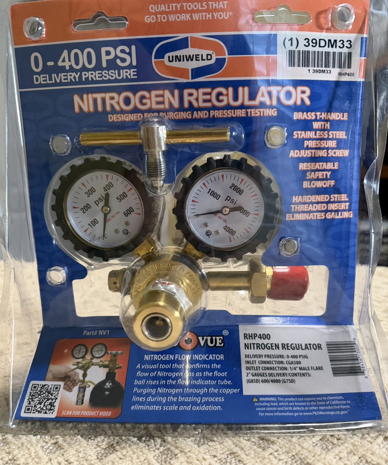 Uniweld RHP400 Nitrogen Regulator With 0-400 PSI Delivery Pressure