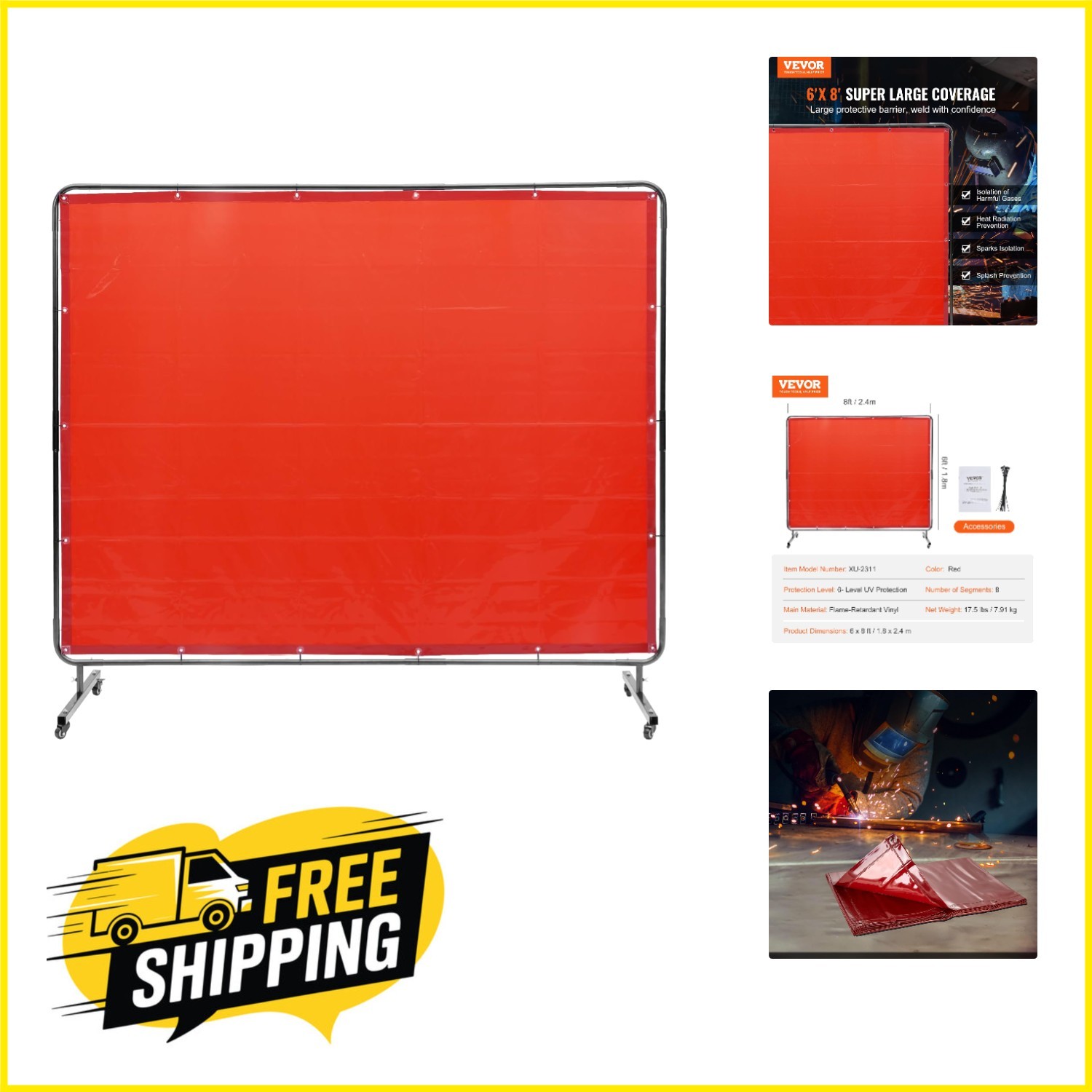 Professional Welding Screen 6′ x 8′ – Flame-Resistant Vinyl with Wheels, Red