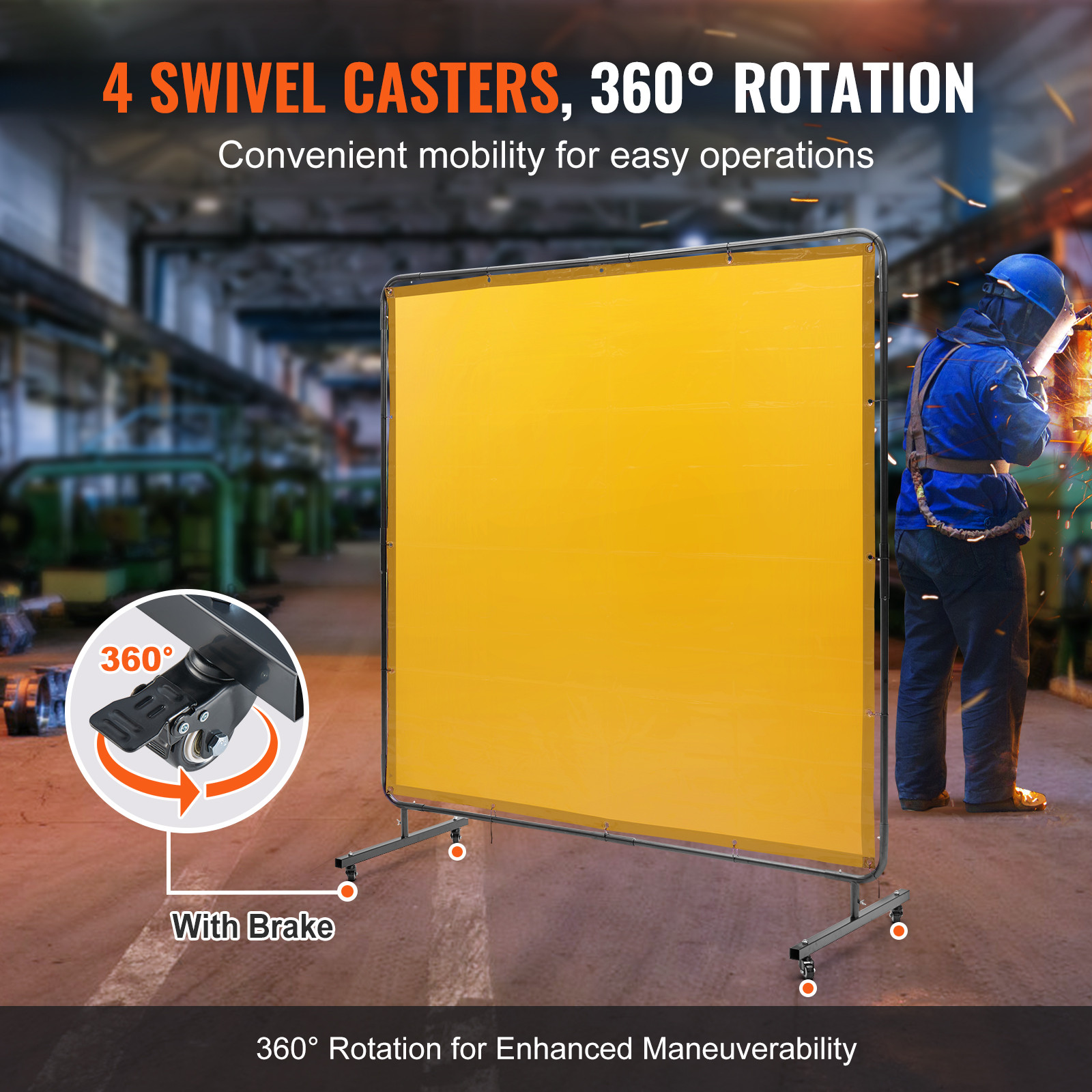 VEVOR Welding Screen with Frame 6’x6′ Welding Curtain Screen on 4 Wheels Yellow