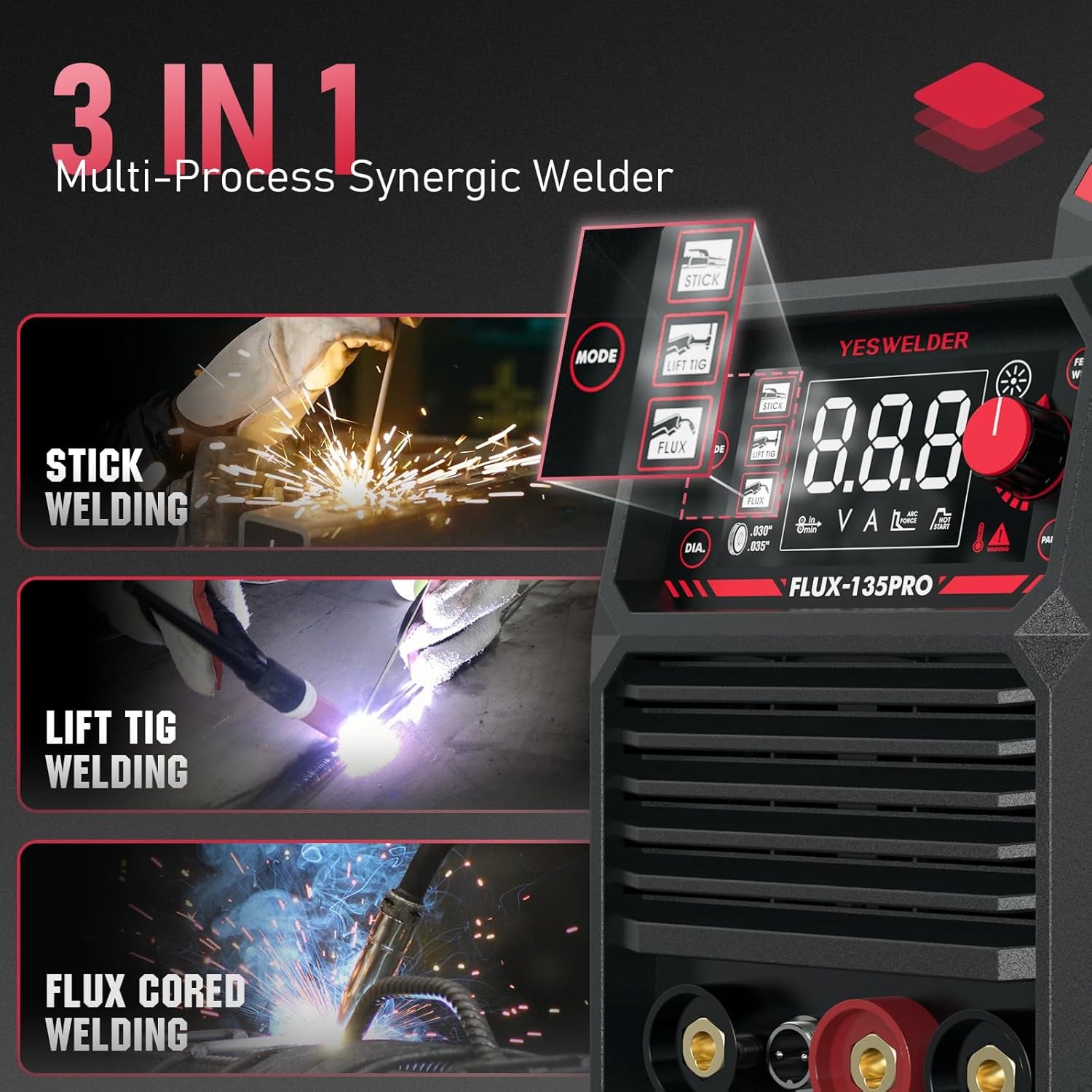 135A 110V 3-in-1 MIG/Lift TIG/Stick Welder IGBT Inverter Flux Core Gasless