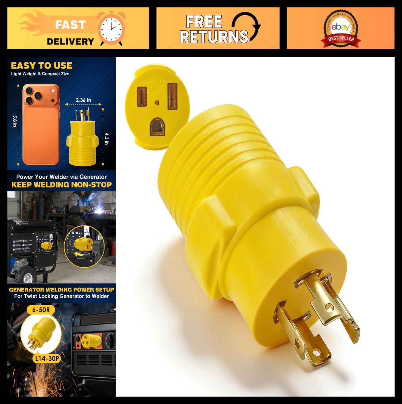 240V 50A to 30A Welder Adapter, NEMA L14-30P to 6-50R, 4-Prong Twist-Lock Plug