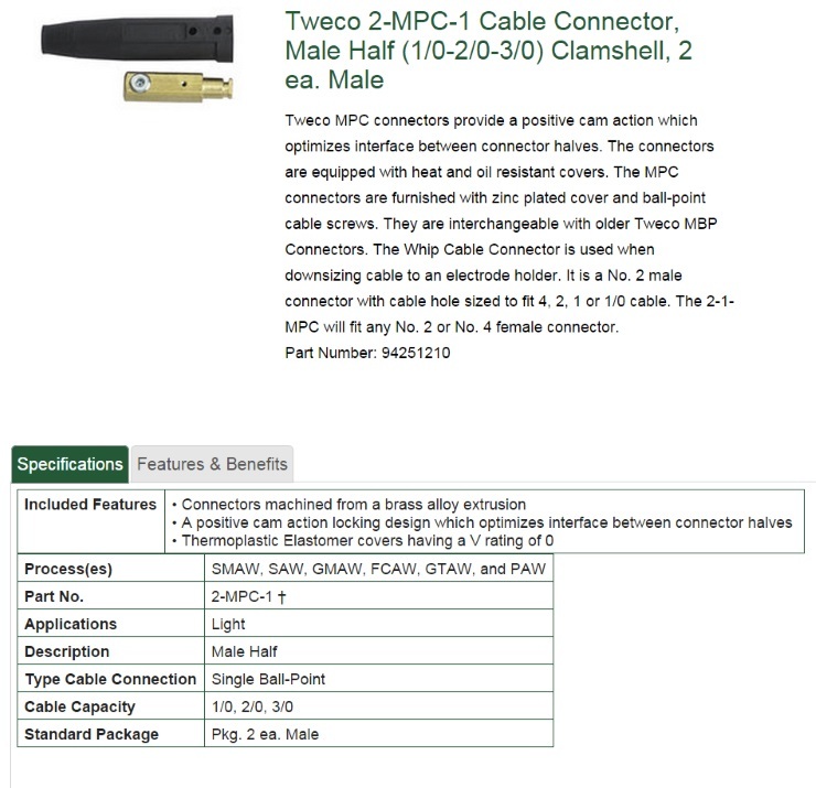 Tweco 2-MPC-1 Male Only Cable Connector Positive Cam – Box/2 (2MPC1)