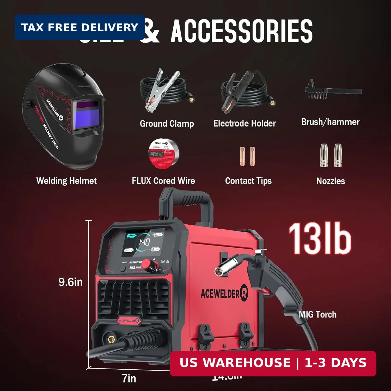 ACEWELDER 140A MIG Welder, 3 in 1 Flux Core, MIG/LIFT TIG/Stick Welding Machine