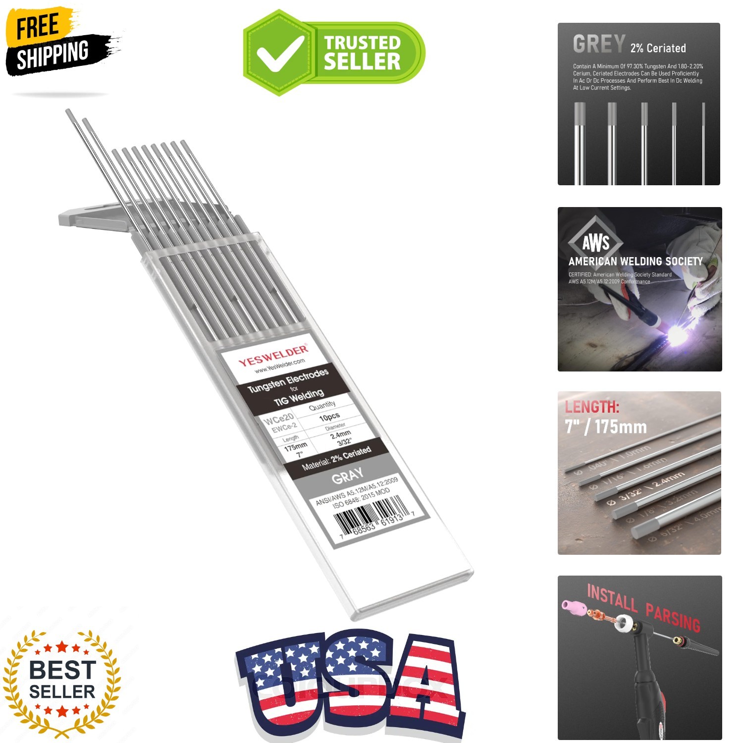 TIG Welding Tungsten Electrode 2% Ceriated | 10-pk 3/32″ x 7″ Gray WC20/EWCe-2