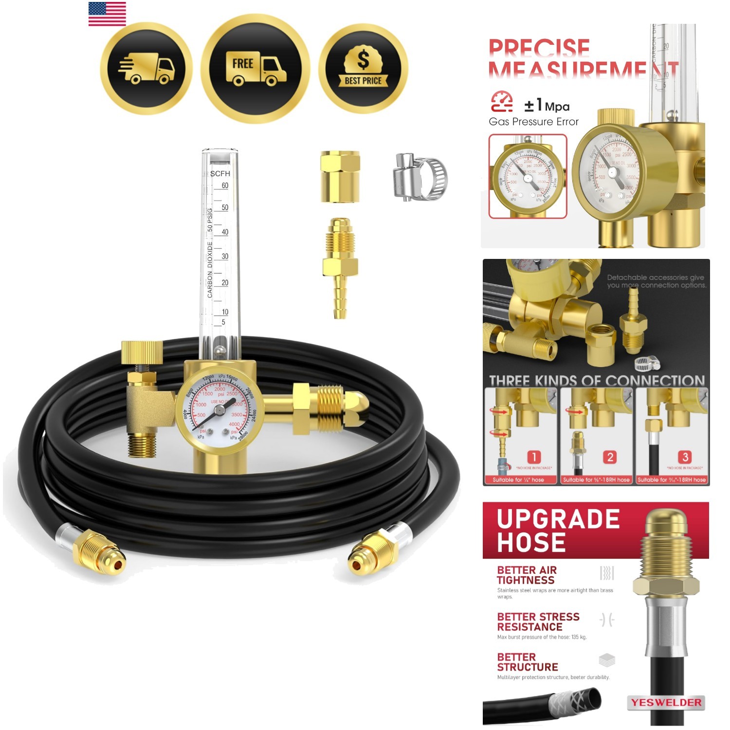Welding Gas Regulator Flow Meter with Gas Hose, Leak-Proof Argon CO2 Pressure…
