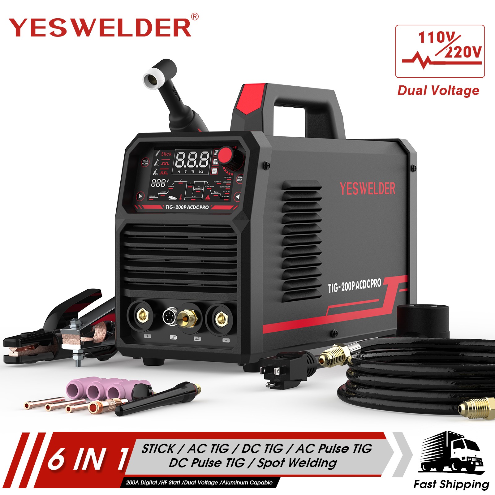 TIG Welder 200A AC/DC Aluminum with Pulse Large LED Display 110/220V Voltage