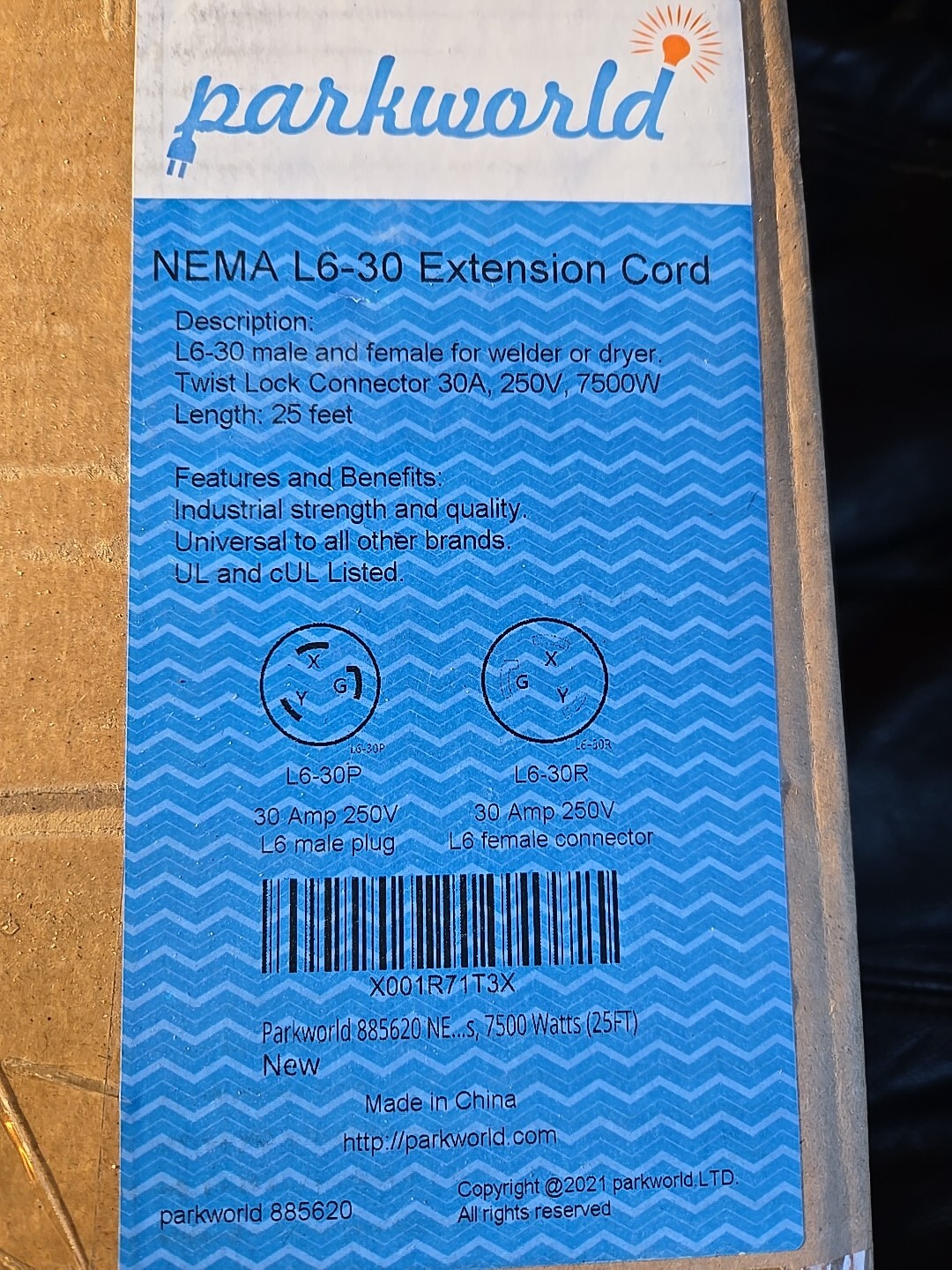 25 ft NEMA L6-30 Extension Cable Cord Male To Female For Dryer Or Welder 30 Amps