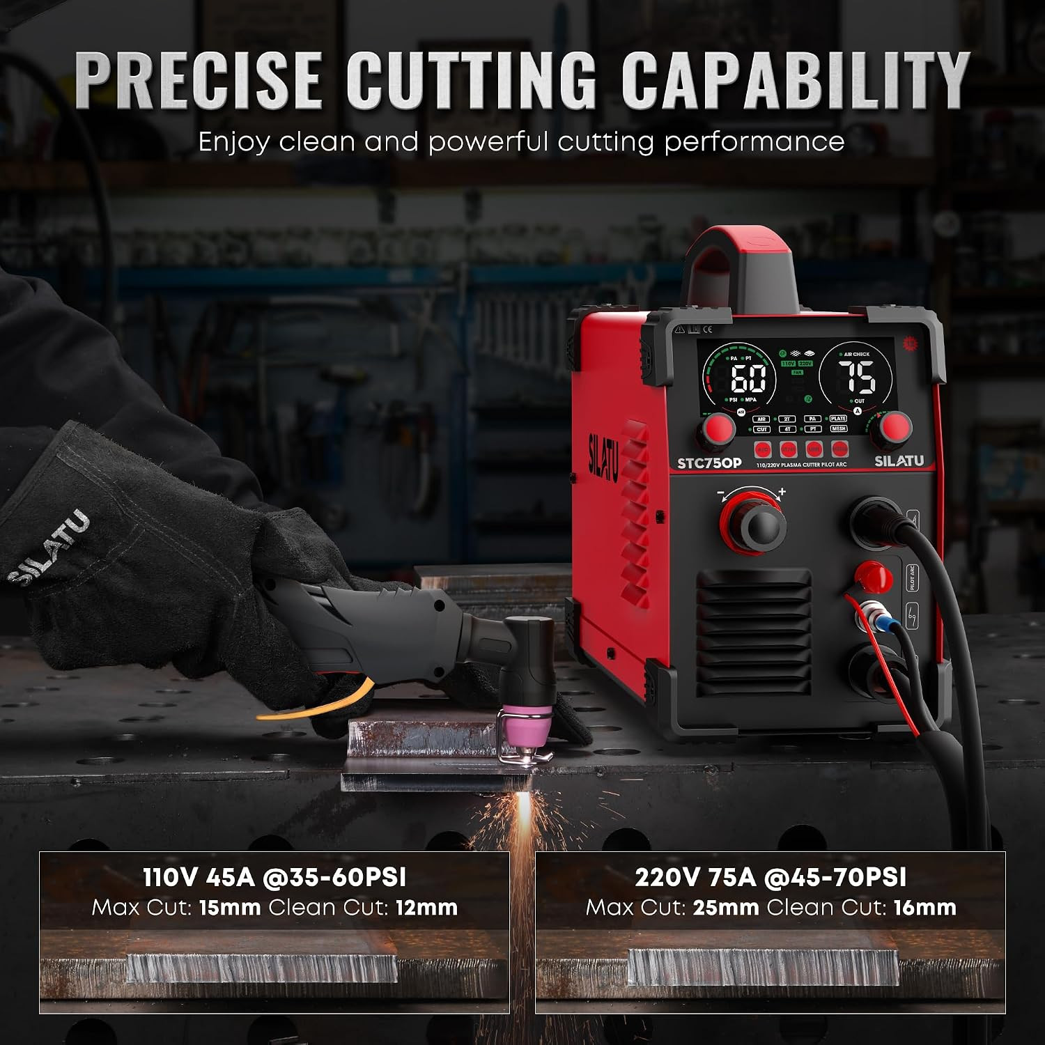 110V/220V Plasma Cutter, 75Amps HF Non-Touch Pilot Arc Plasma Cutter Machine, D