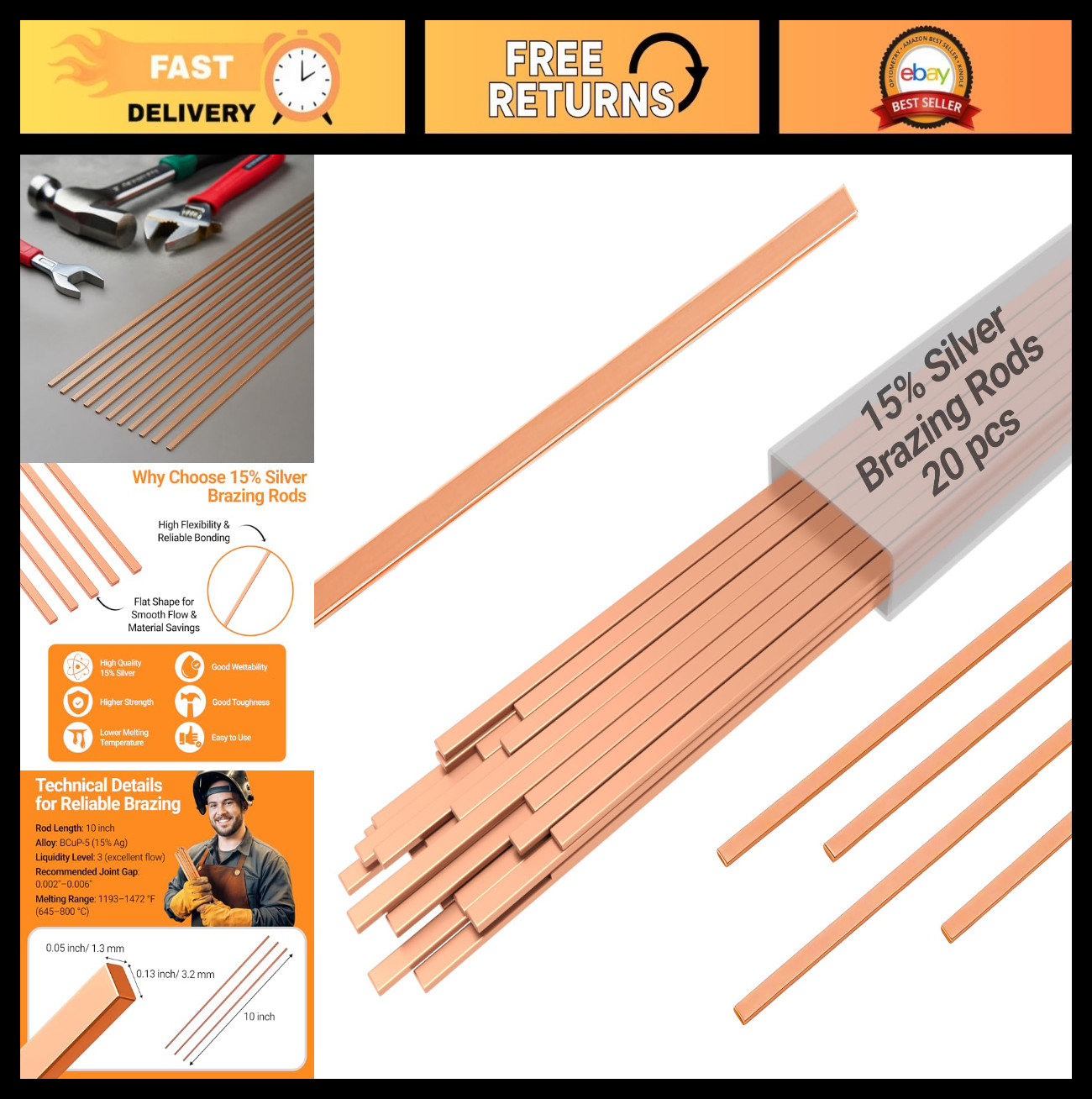15% Silver Brazing Rods – 20 Sticks Phos Copper Welding Alloys for HVAC & Refrig