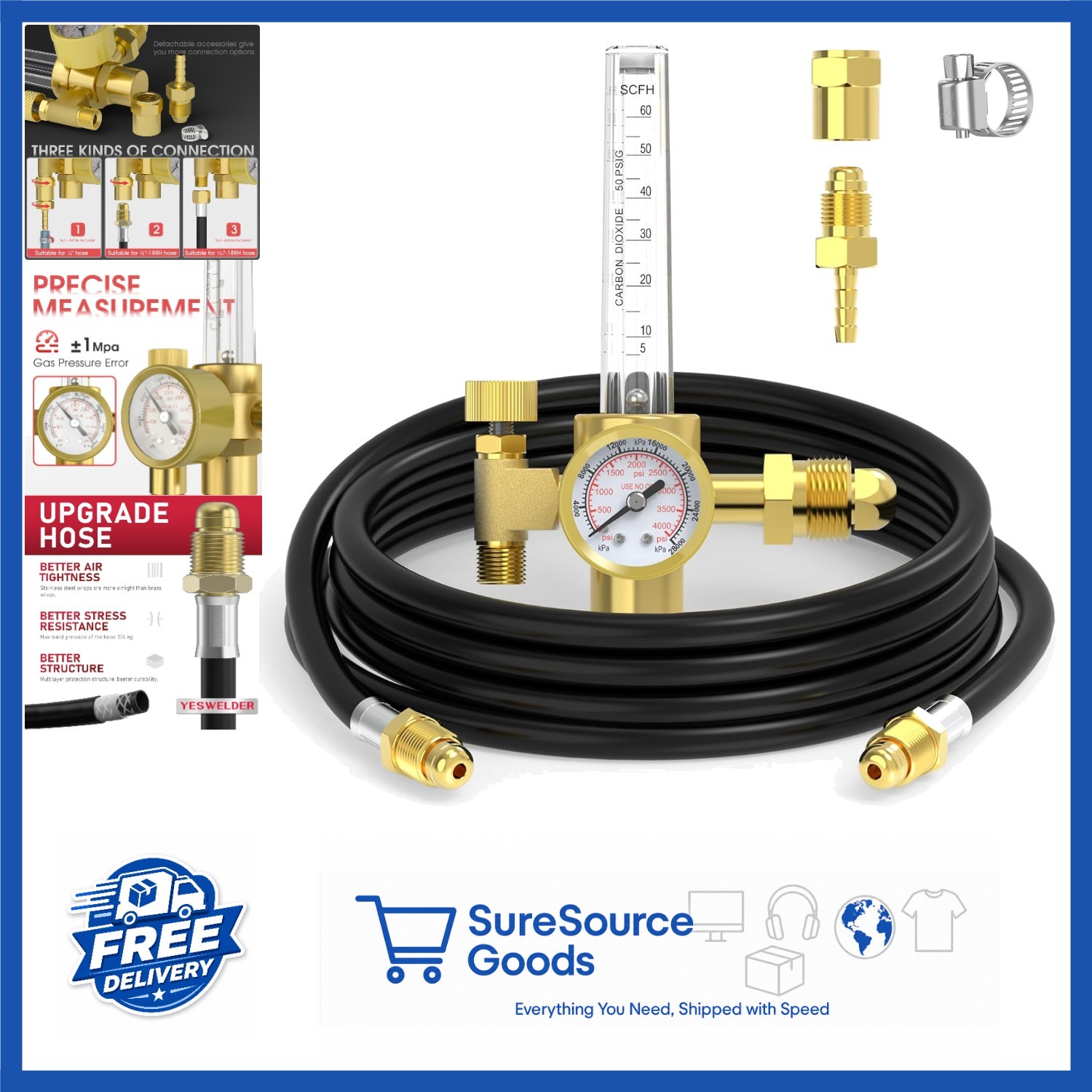 MIG TIG Welding Gas Regulator with Hose, Universal Multi-Interface, Copper