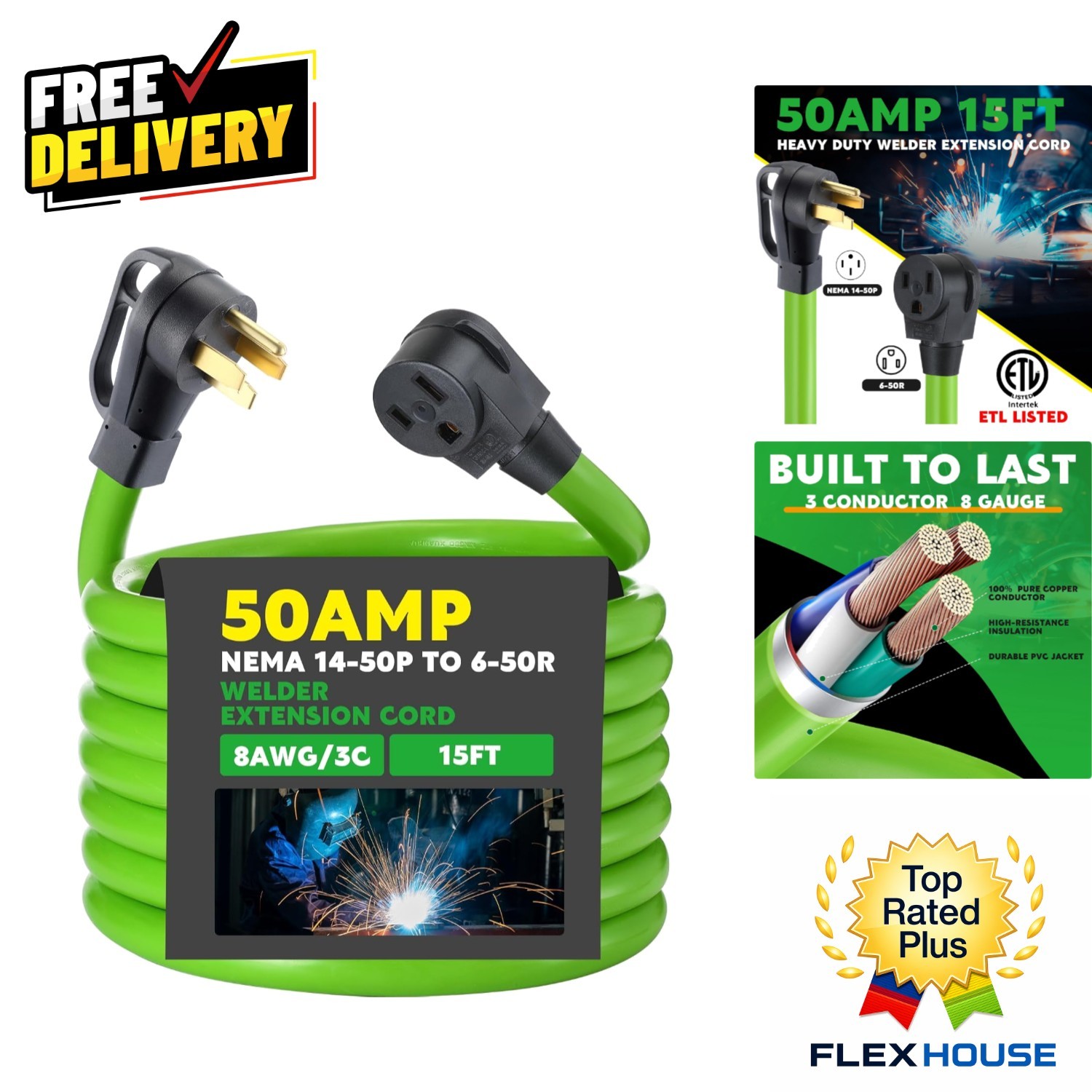 50 Amp NEMA 14-50P to 6-50R Adapter Cord – Durable 15FT Power Cable for Welders