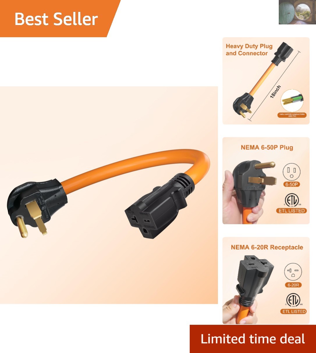 1.5 FT NEMA 6-50P to 6-20R Adapter Cord for Welders & EV Charging, 20A, 250V