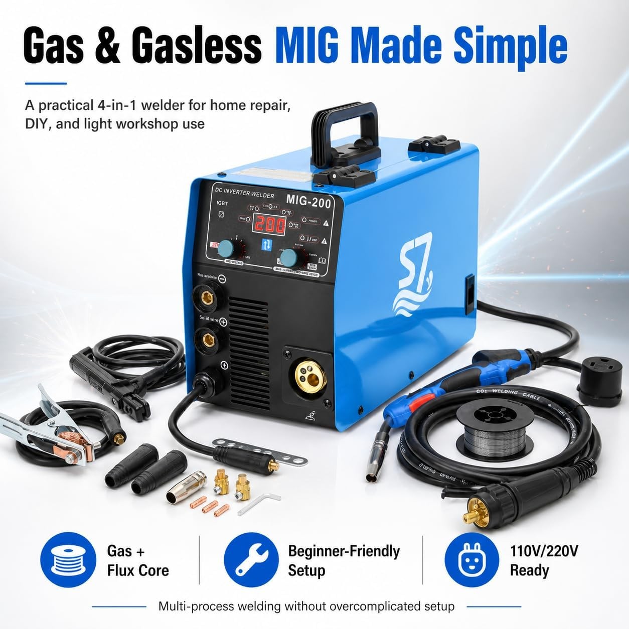 S7 MIG Welder Flux Core Gas Gasless 120V Beginner Welding Machine Tool