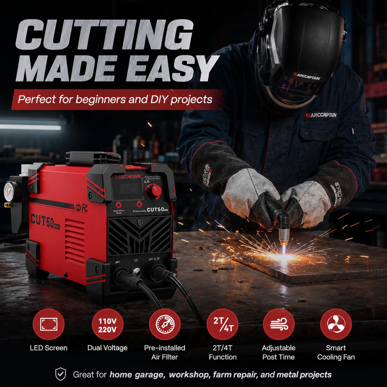 ARCCAPTAIN Plasma Cutter 50A Large LED Display 110V/220V Dual Voltage DC 2T/4T🔥