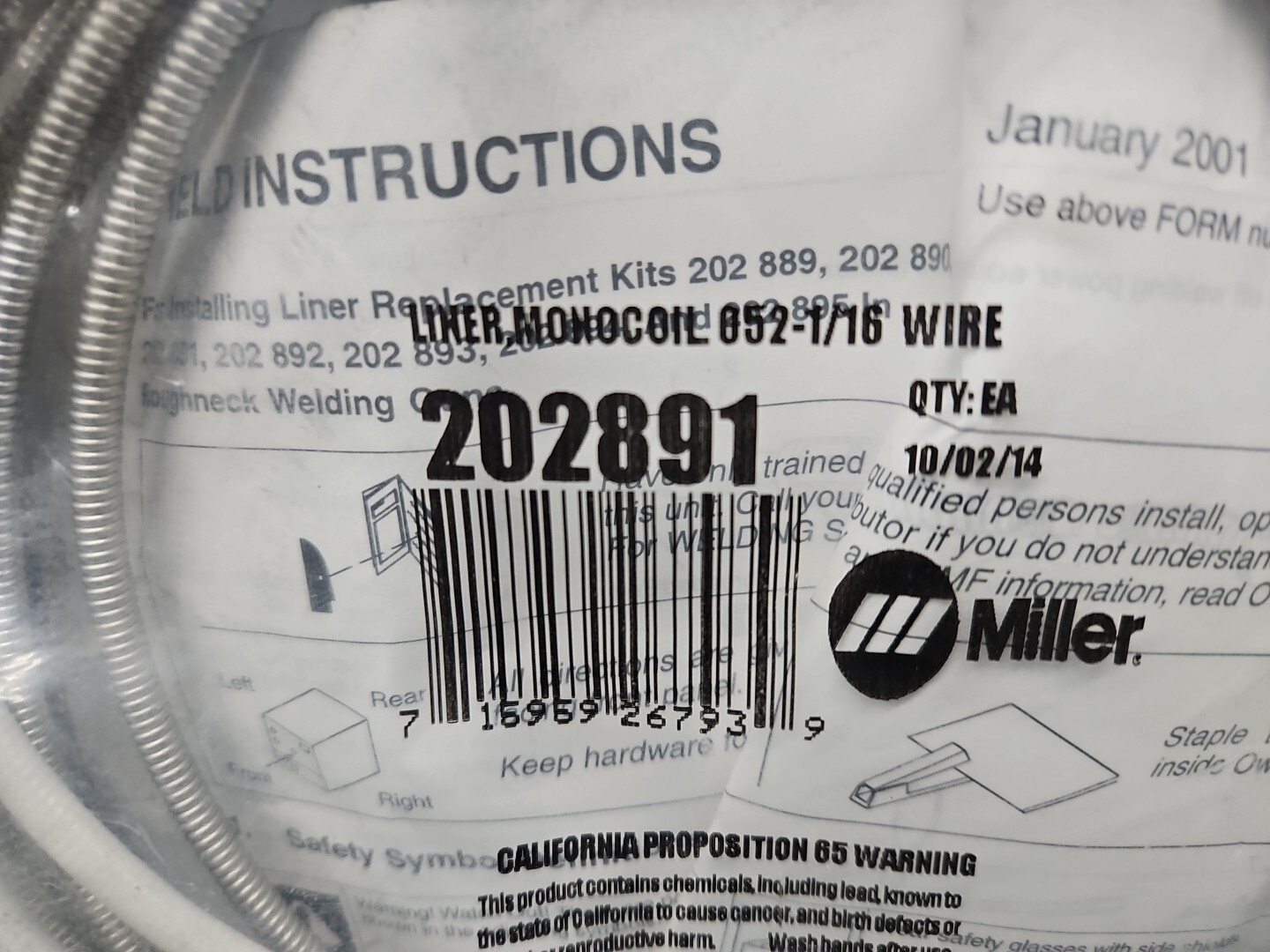 Miller 202891 Liner Monocoil .052-1/16 Wire x 16.5 ft Round Wound