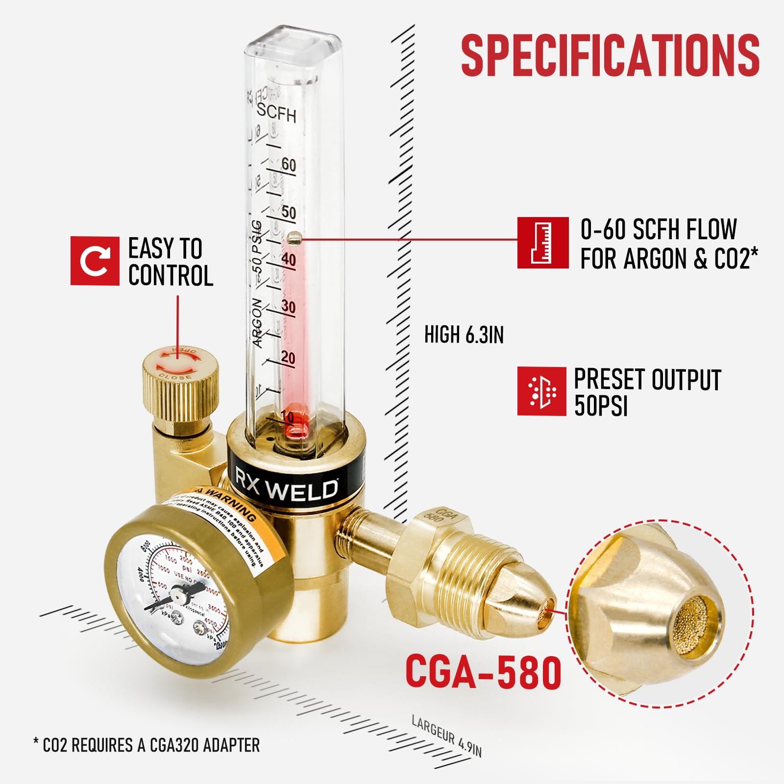 RX WELD Argon Regulator for MIG TIG Weld, CGA580, 6.6FT Hose