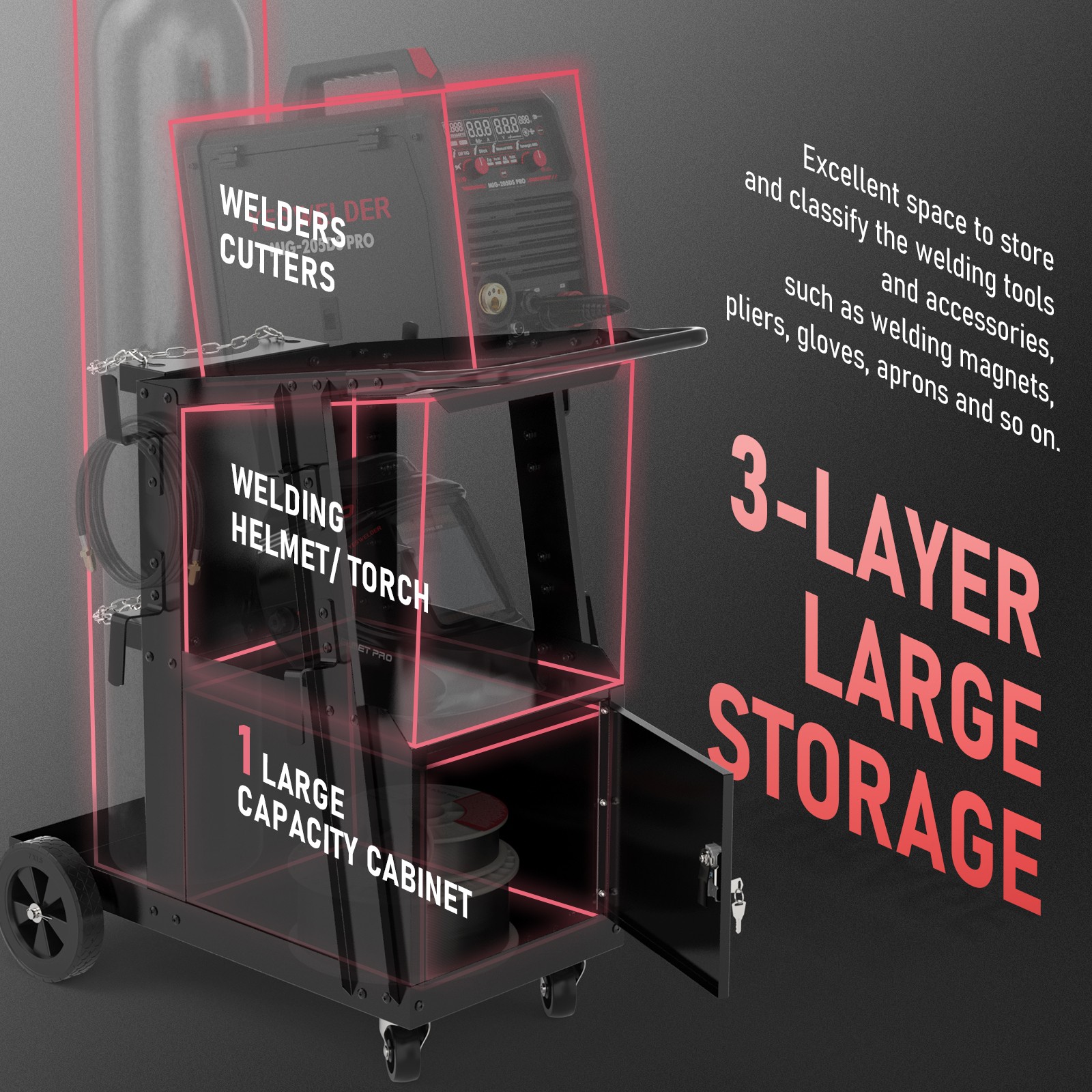 Heavy Duty Welding Cart with Lockable Cabinet, 360° Wheels for MIG/TIG/Plasma