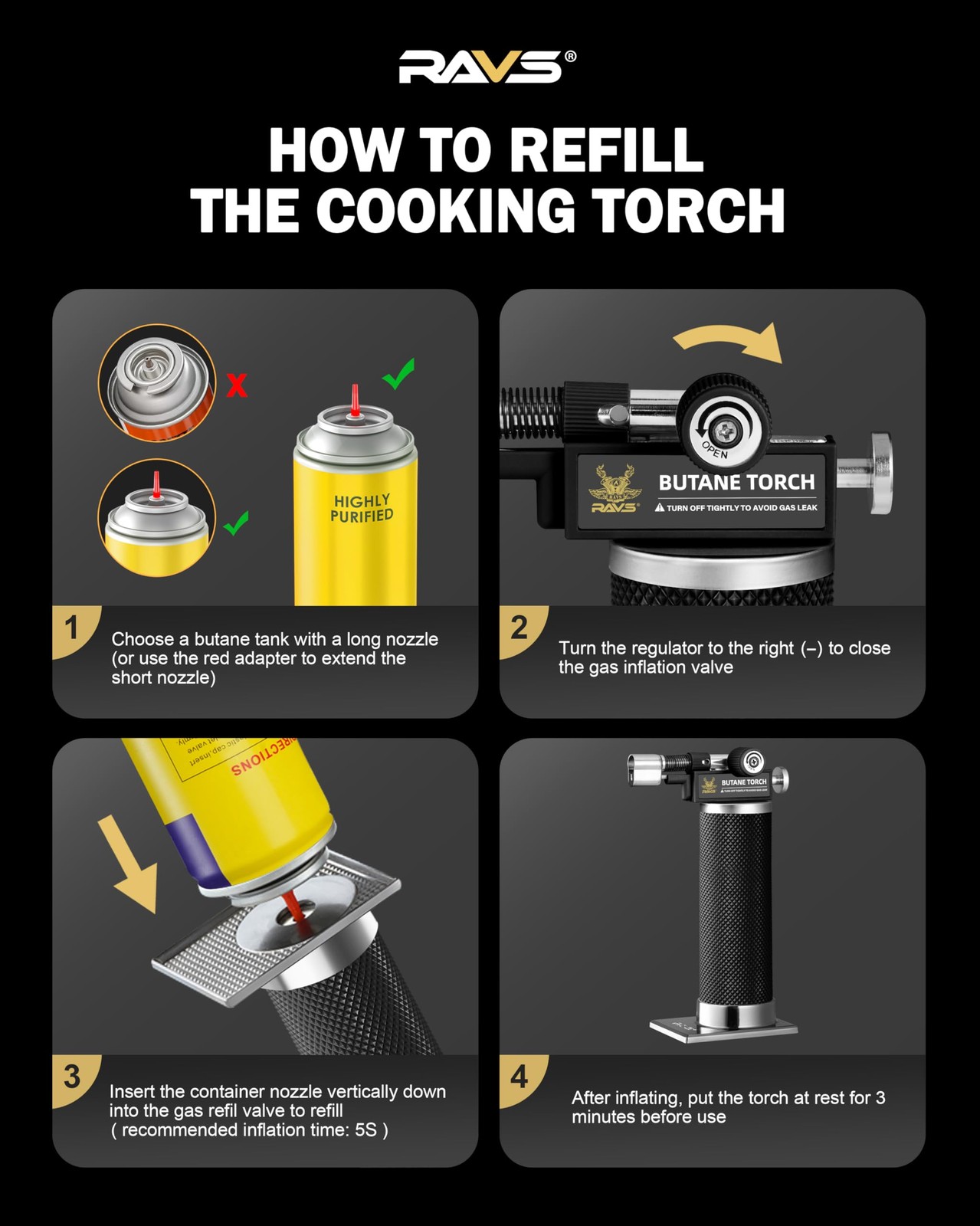 RAVS Butane Torch Lighter, DUAL Flame Mode Kitchen Torch, Micro torch, Black