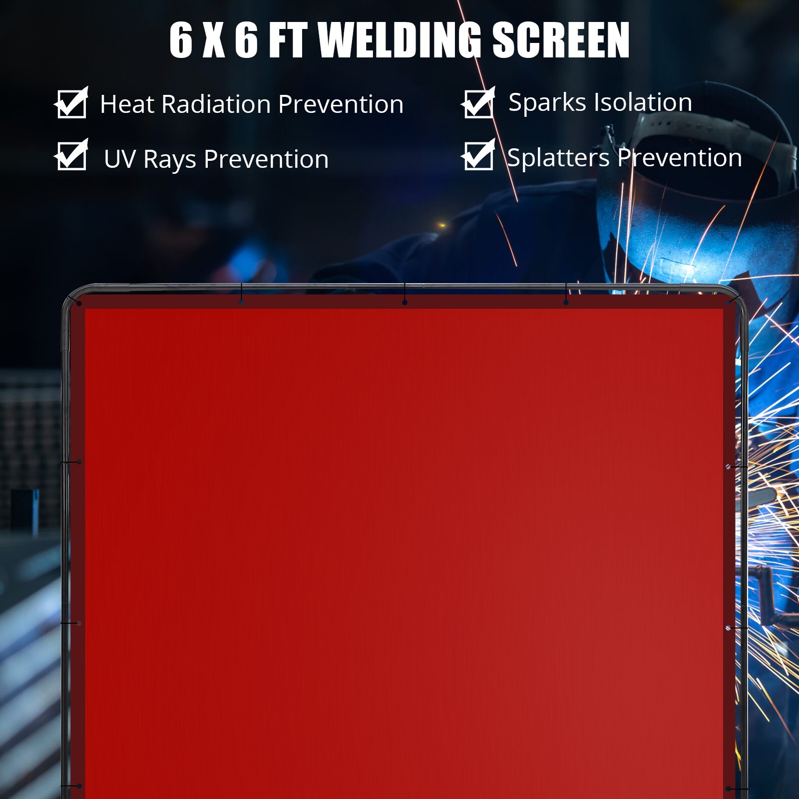 Red Welding Screen with Frame 6/8 FT Flame Resistant Curtain on Wheels for Shop