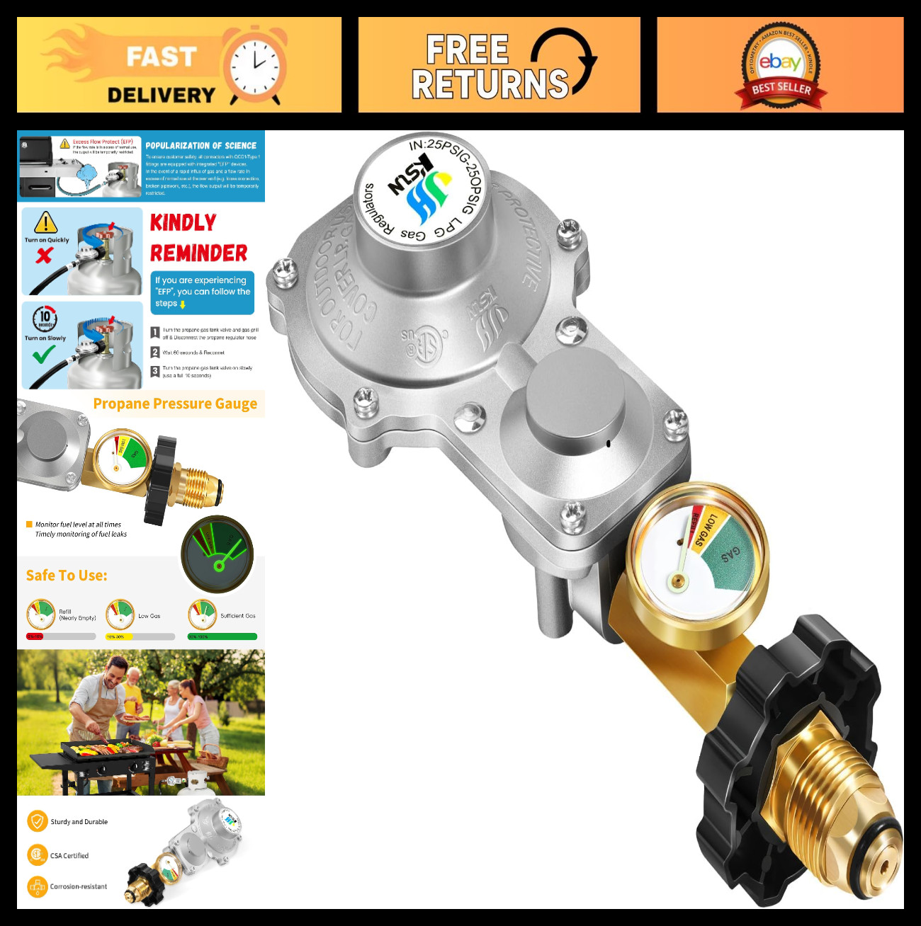 2 Stage Propane Regulator with Gauge, 3/8″ NPT & POL for RVs, Campers, Generator