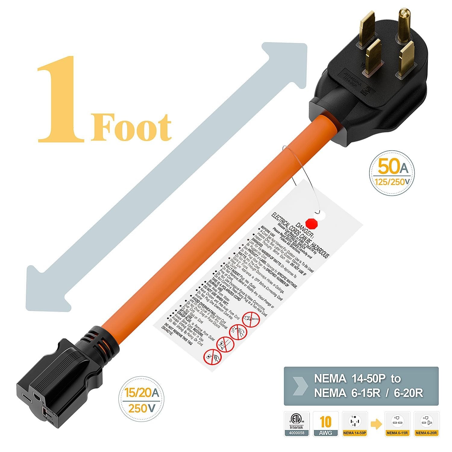 Heavy Duty 1FT 10/3 NEMA 14-50P to 6-20R/6-15R T-Blade Adapter, 250V 20A EV Char