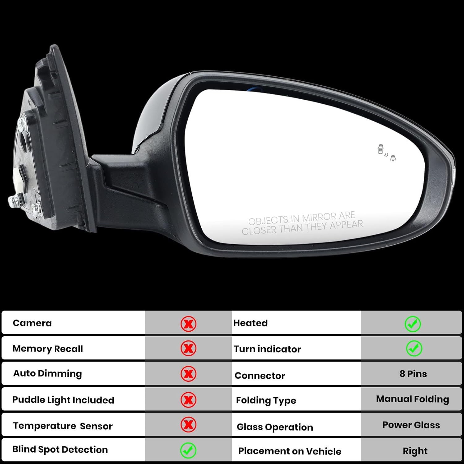 Right Passenger Side Mirror Compatible with 2019 2020 2021 2022 2023 2024 Kia Fo