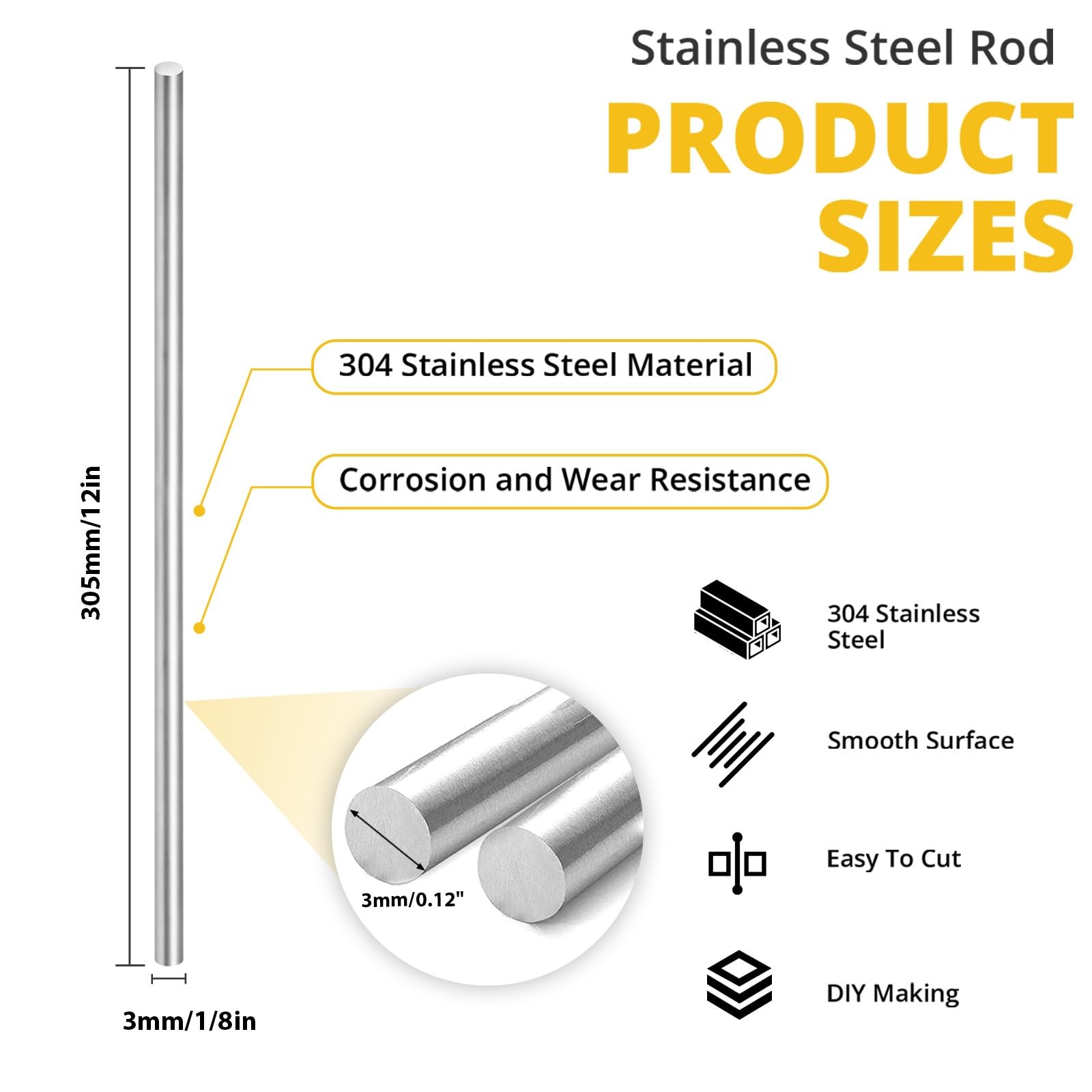 12 Pcs 304 Stainless Steel Round Rod,Phiowocx 1/8” x 12” Metal Solid 3mm